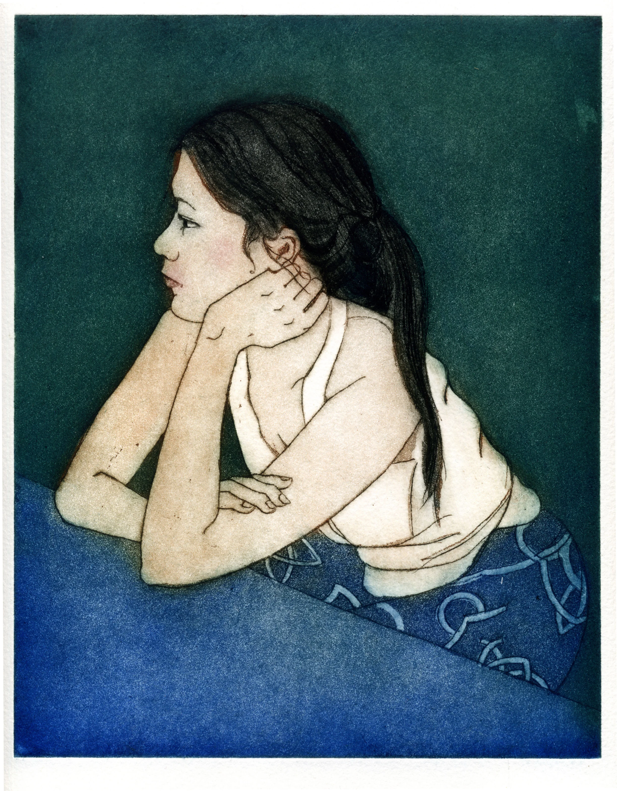 Seated figure, drypoint etching and aquatint