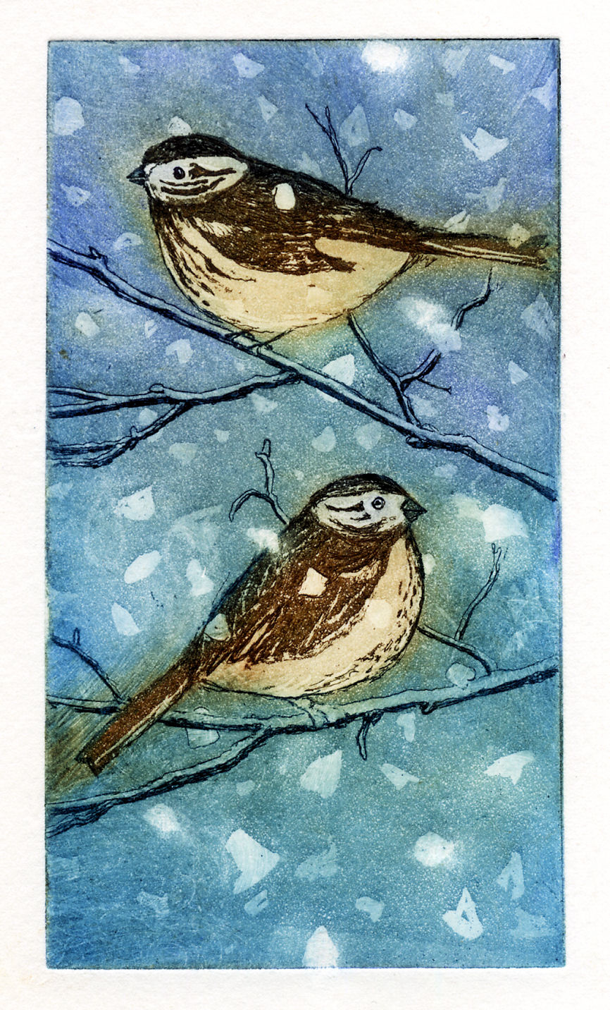 Sparrows in the Snow, etching and aquatintt