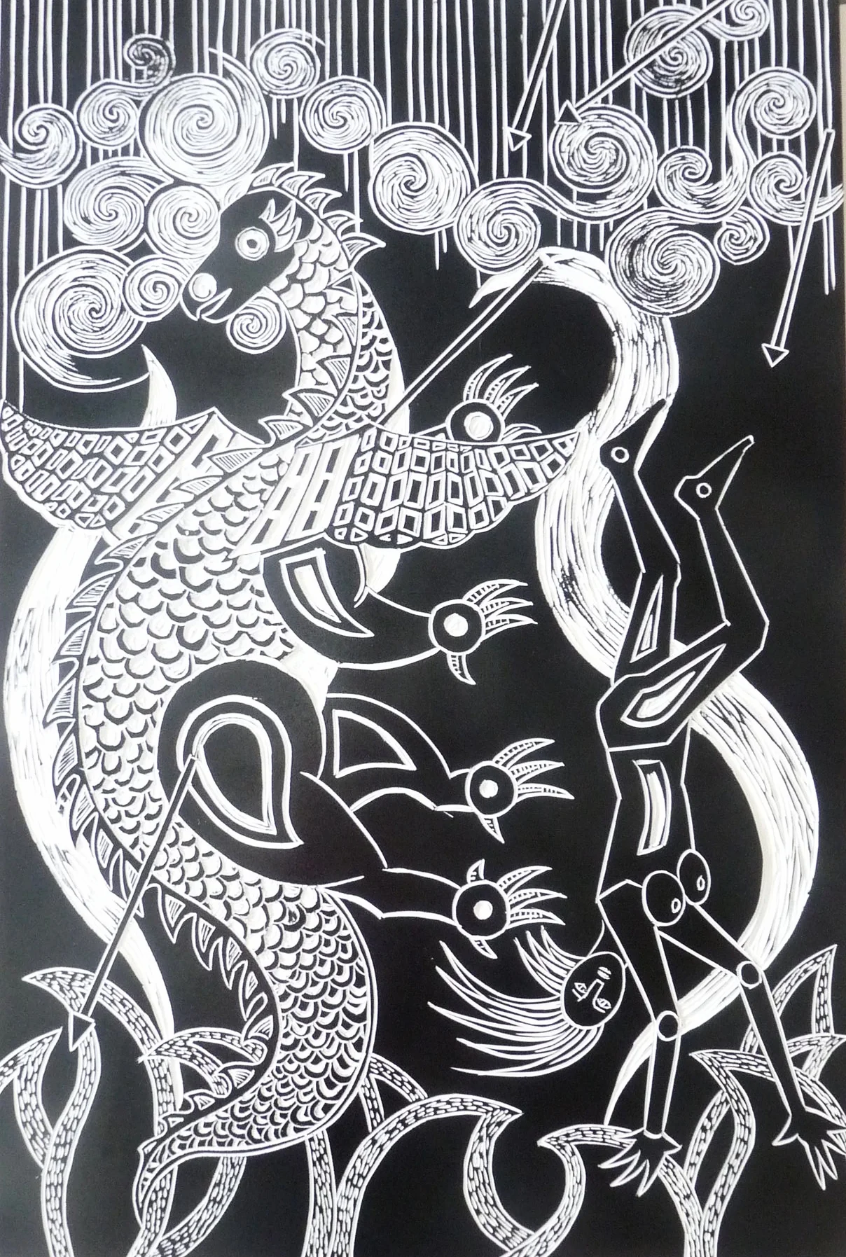 I fall with the dragon, linocut print 22" x 33"