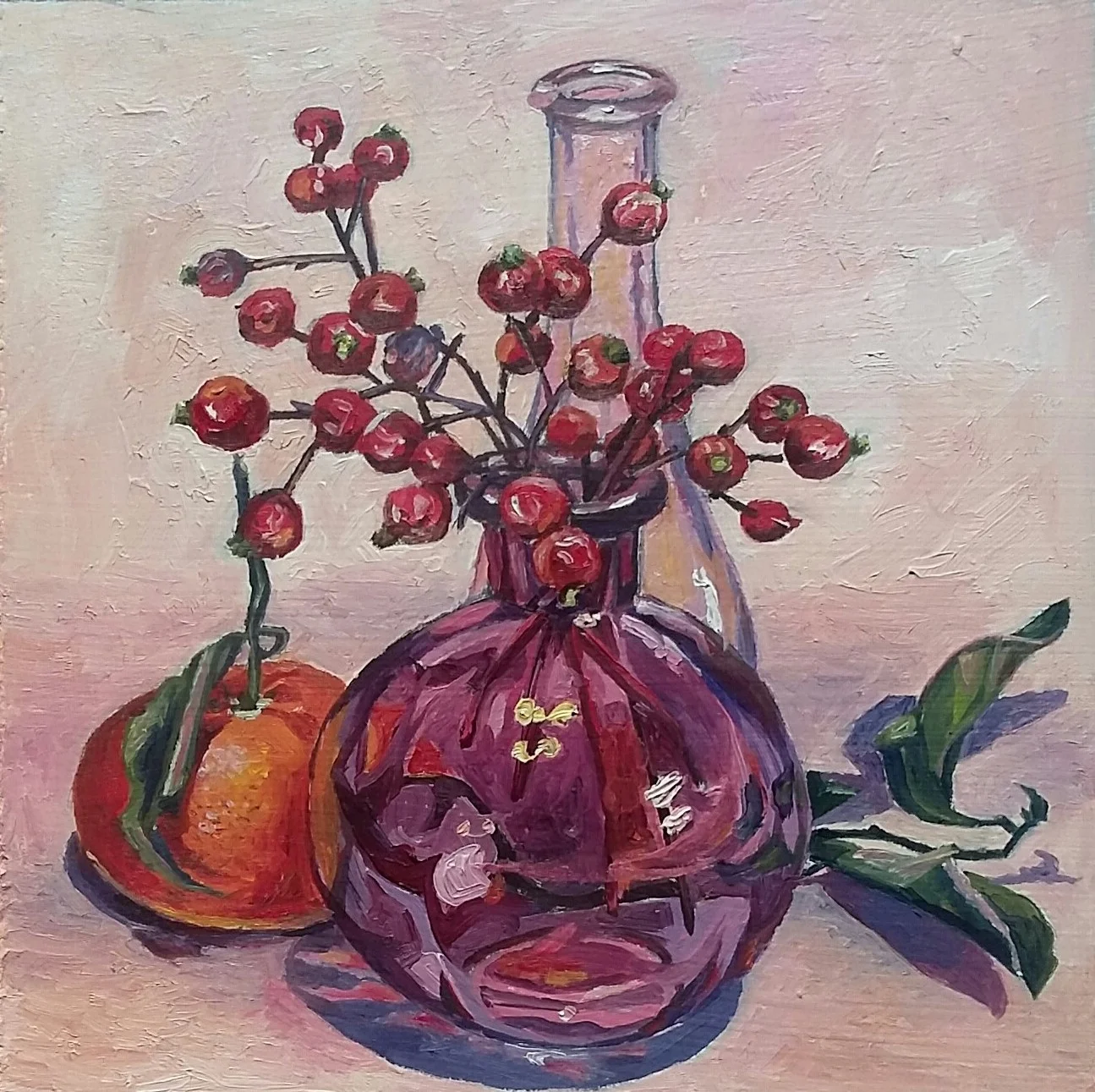 Still life with rosehip and mandarin, oil on board