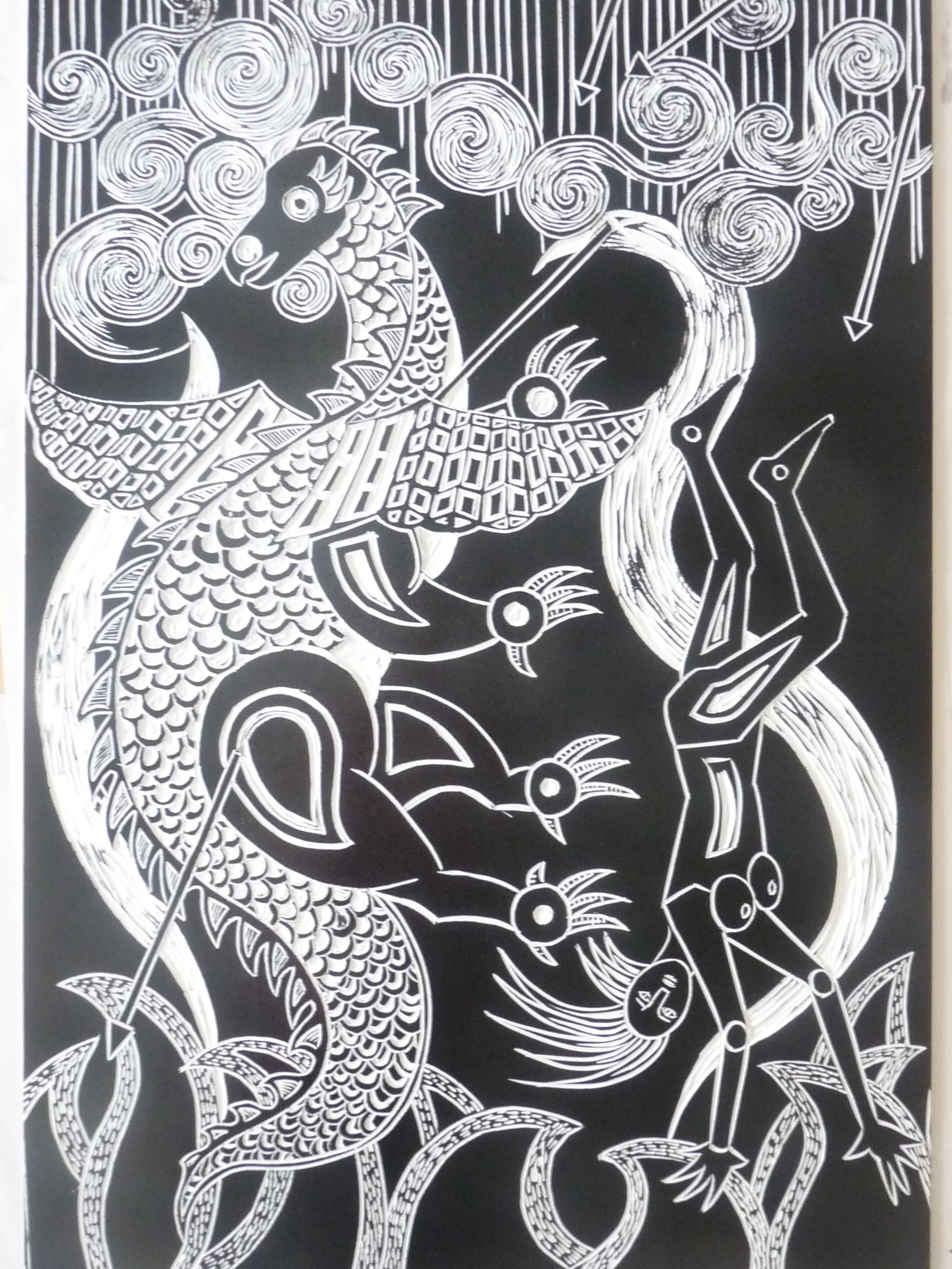 I Fall with the dragon, relief print 24" x 30"