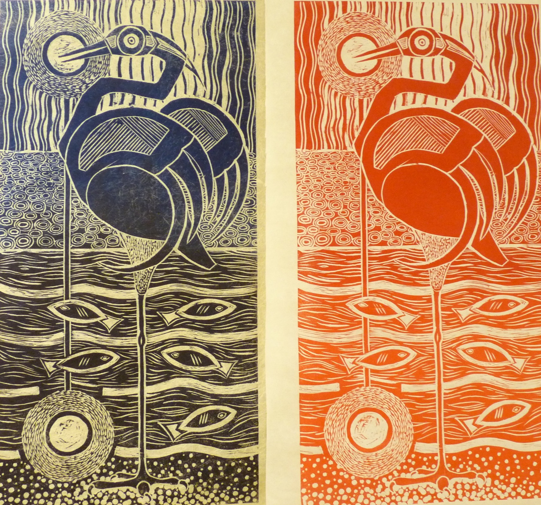 Red heron, Blue heron (seperate images) 36" x 12", relief print