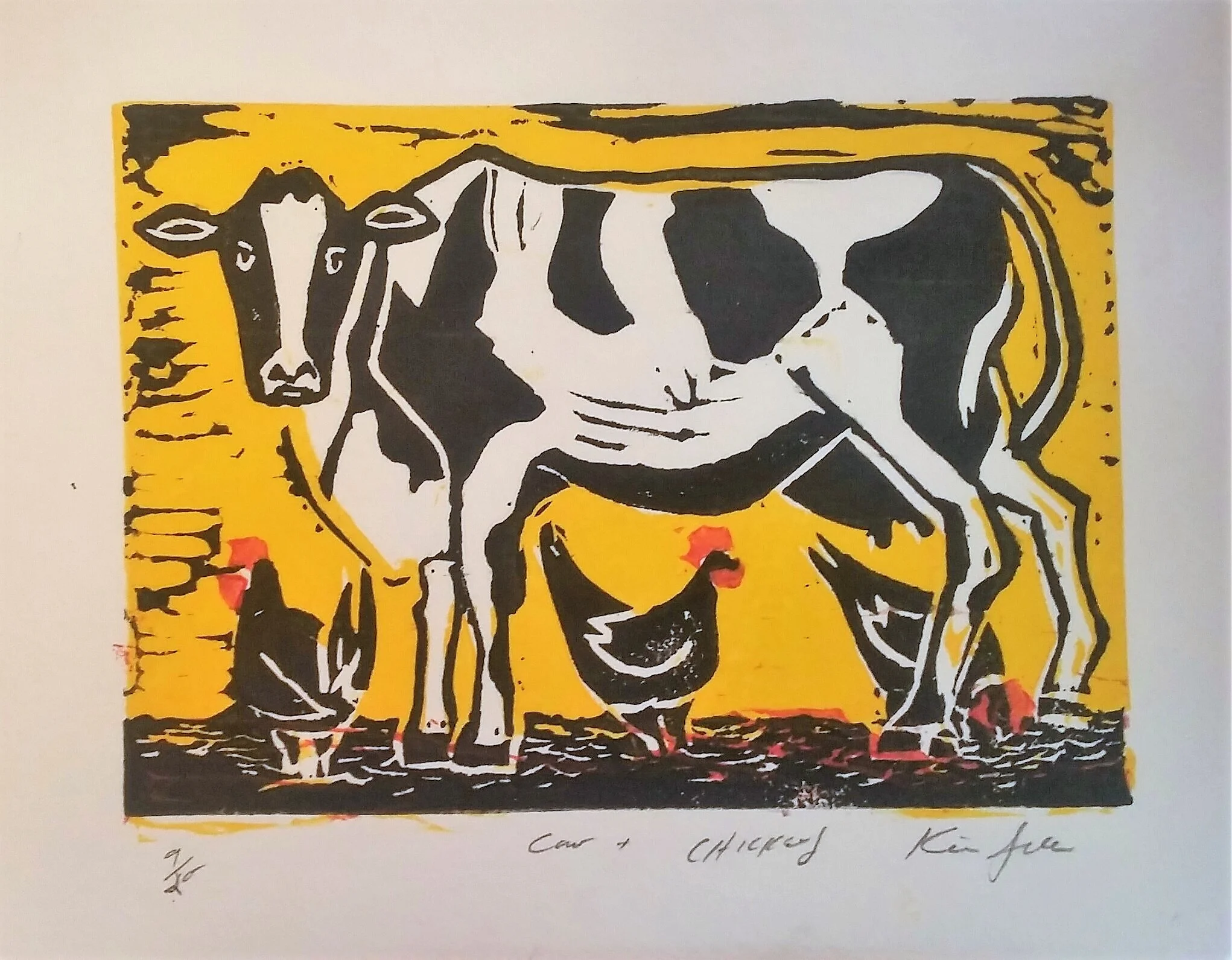 Cow and chickens 5" x 7", relief print