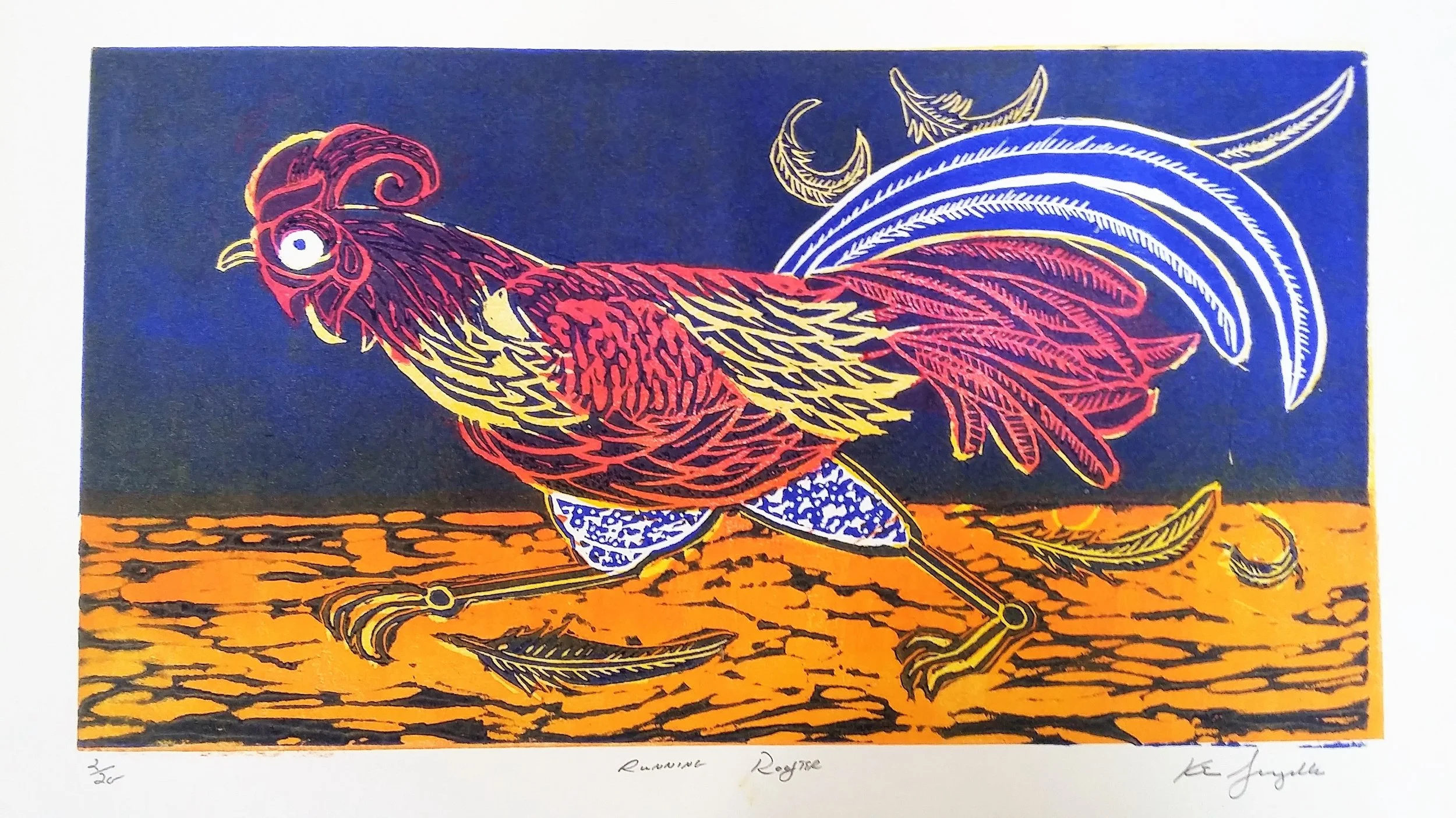 Running Rooster, relief print, 10" x 6"