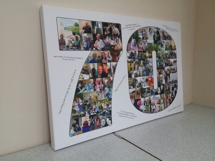 A 20x30 inch Text Collage canvas with approximately 100 photos