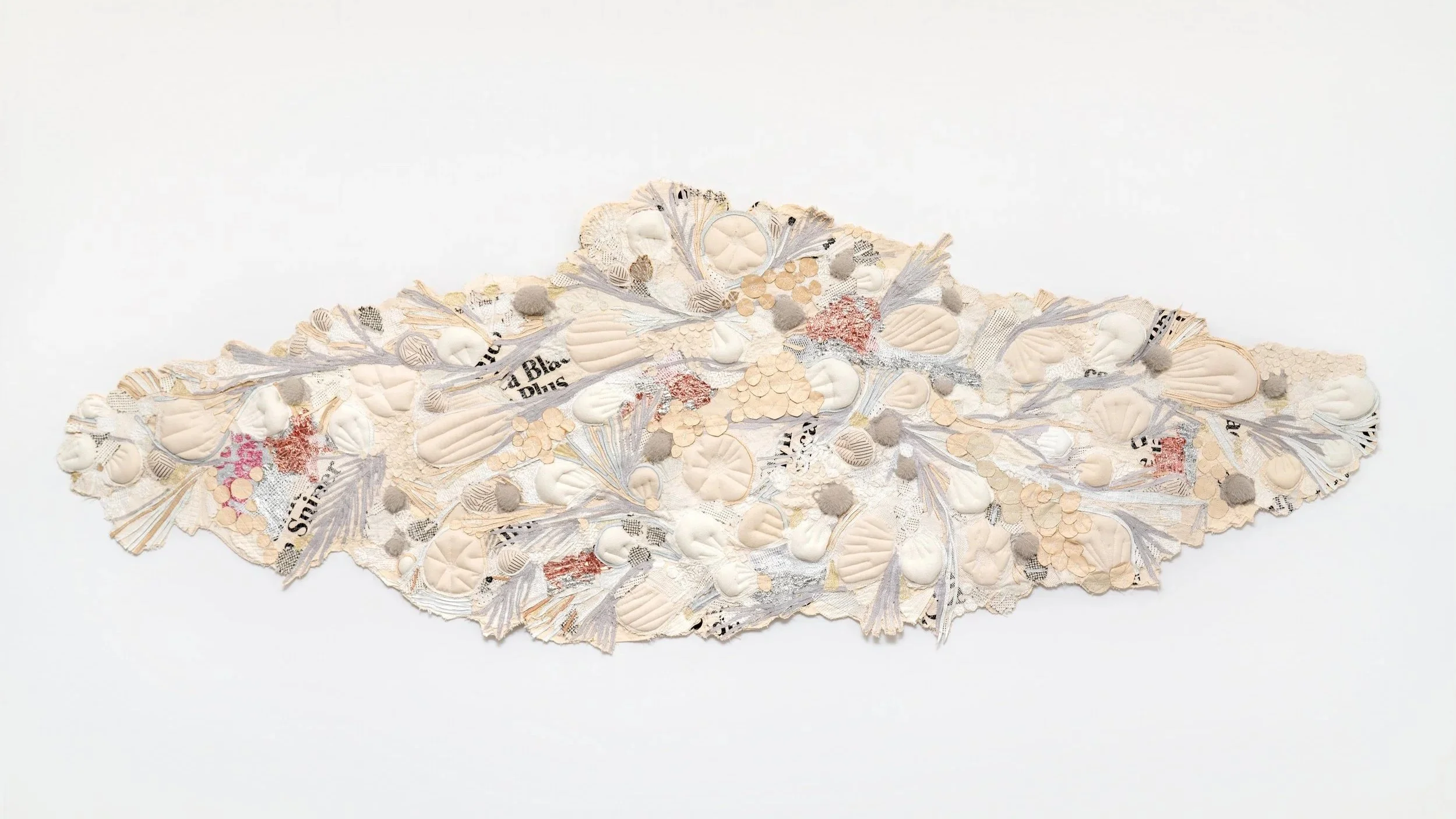 

80 Remembrance, 2025 
87” x  31” x  1”
Textiles, mylar balloons, thread
