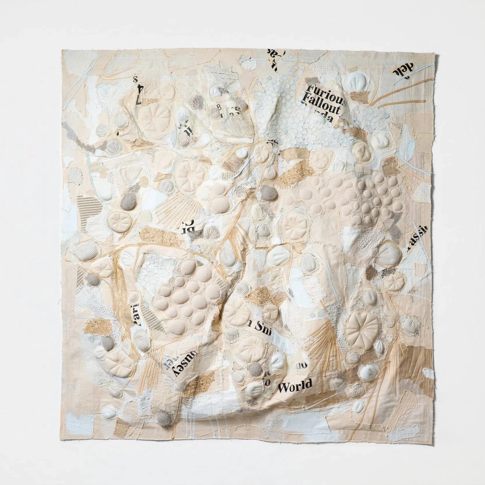 White  topography 
2025 54 in x  51  in x 6 in
Found fabric, clothes , Mylar balloon
