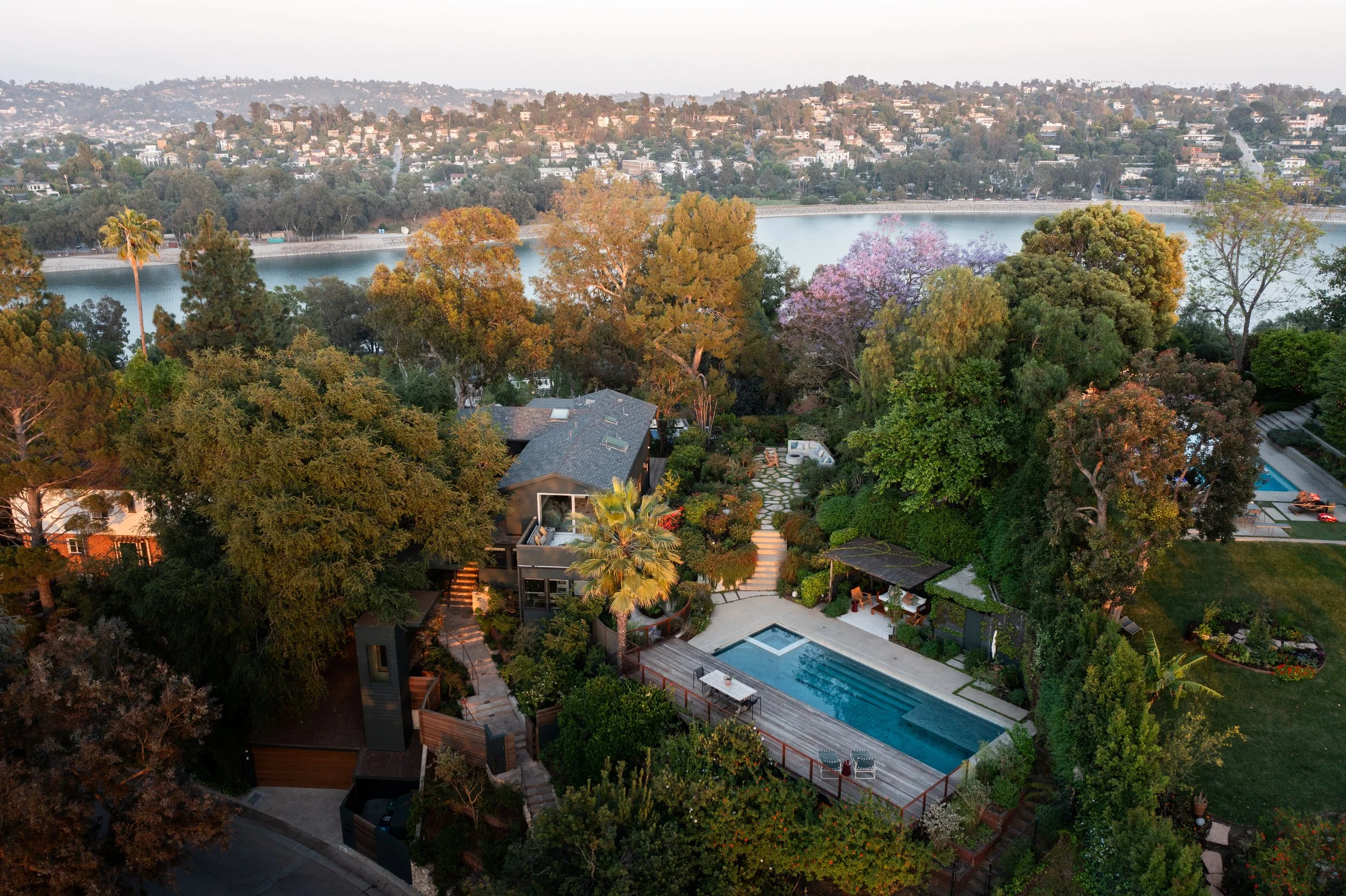 Silver Lake real estate home for sale with aerial views of the reservoir and surrounding hills