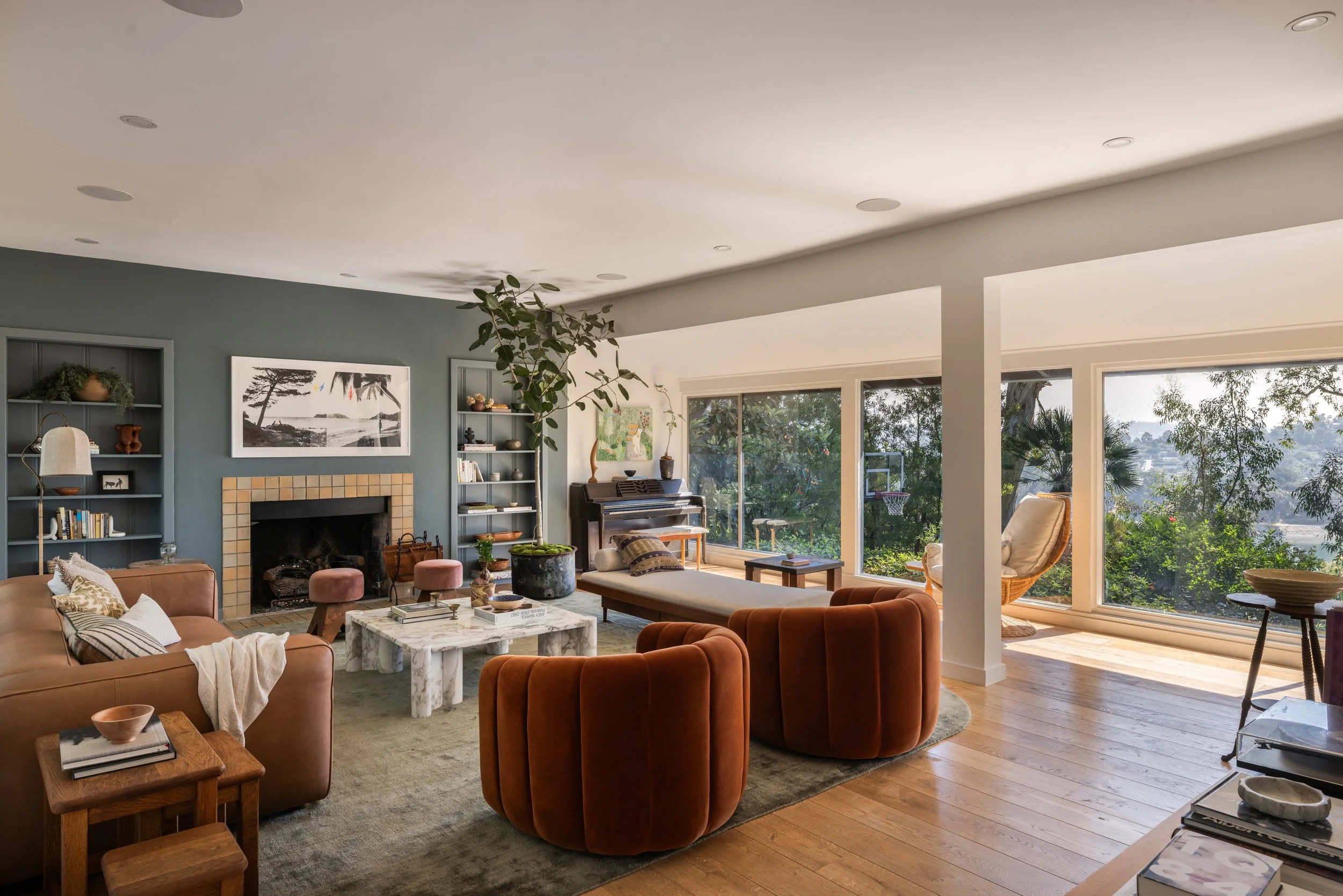 Silver Lake home for sale with living room, fireplace, and panoramic hillside views