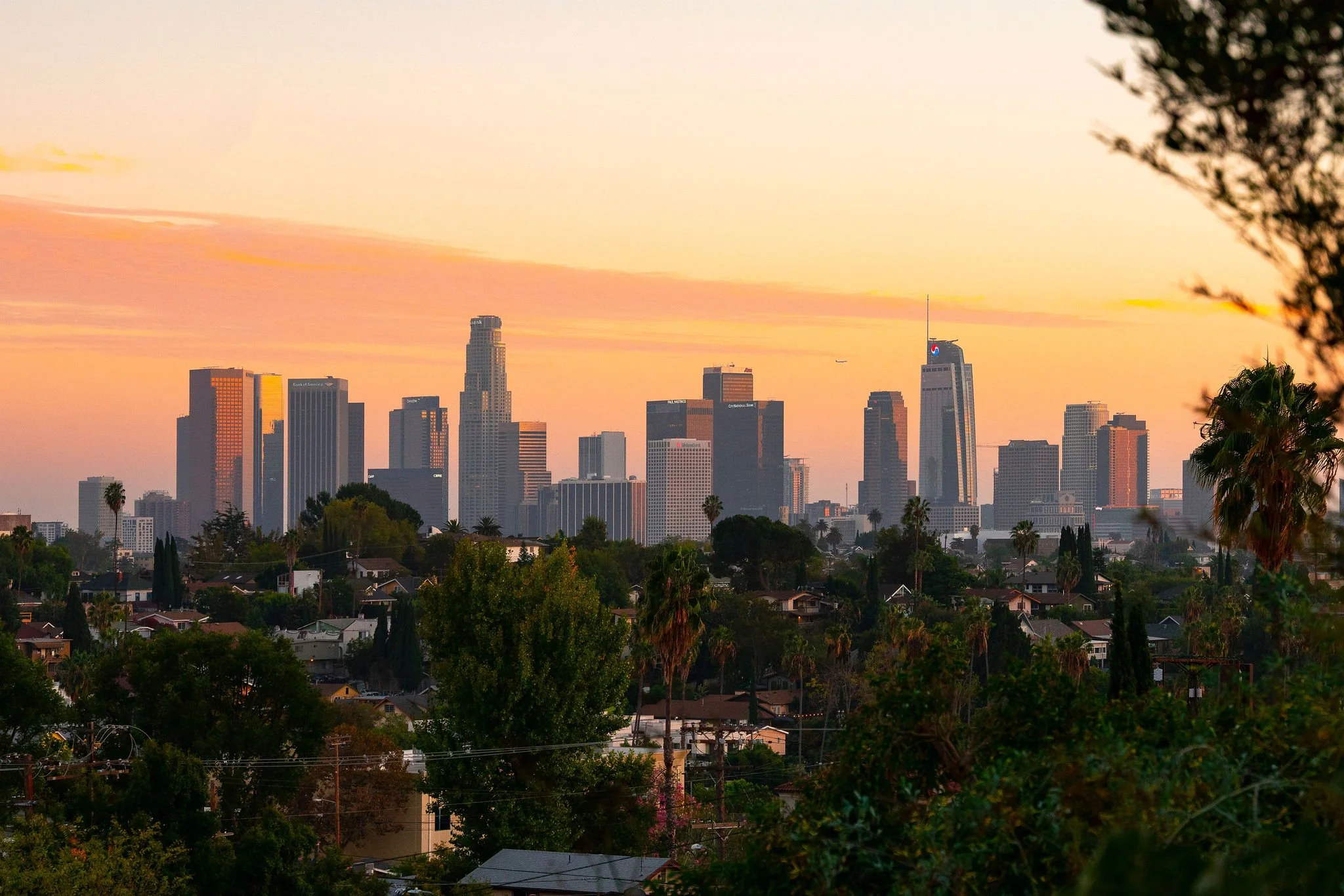 View of the Downtown Los Angeles skyline at sunset from the Silver Lake hills