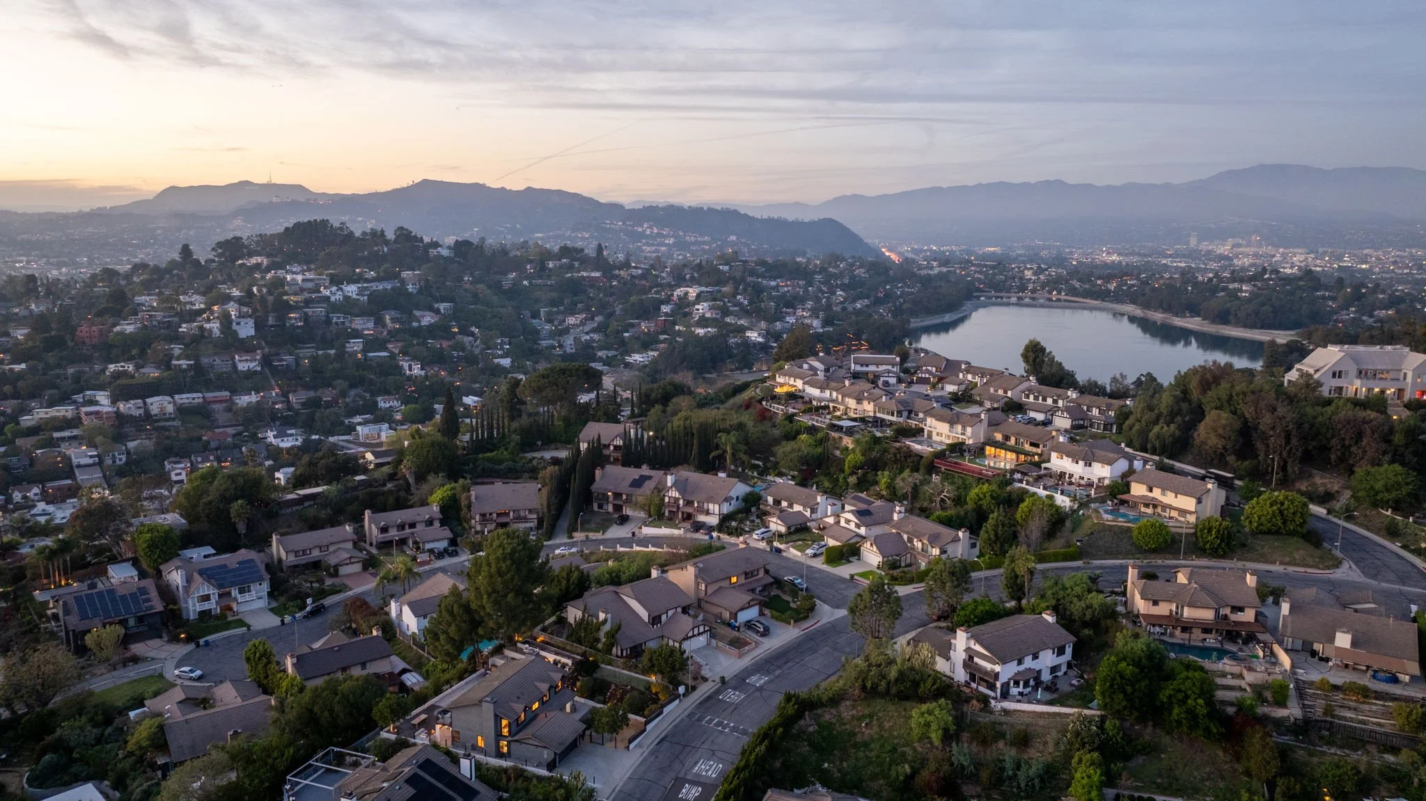 Aerial view of Silver Lake neighborhood with hills and homes in Los Angeles