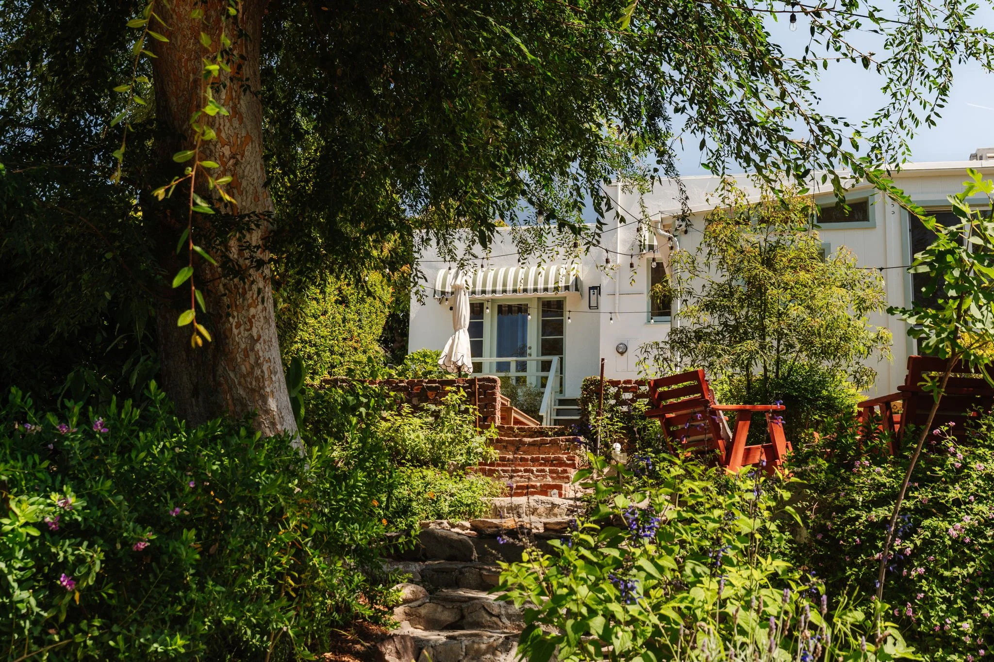 Landscaped backyard garden with mature trees at a Craftsman home in Atwater Village Los Angeles