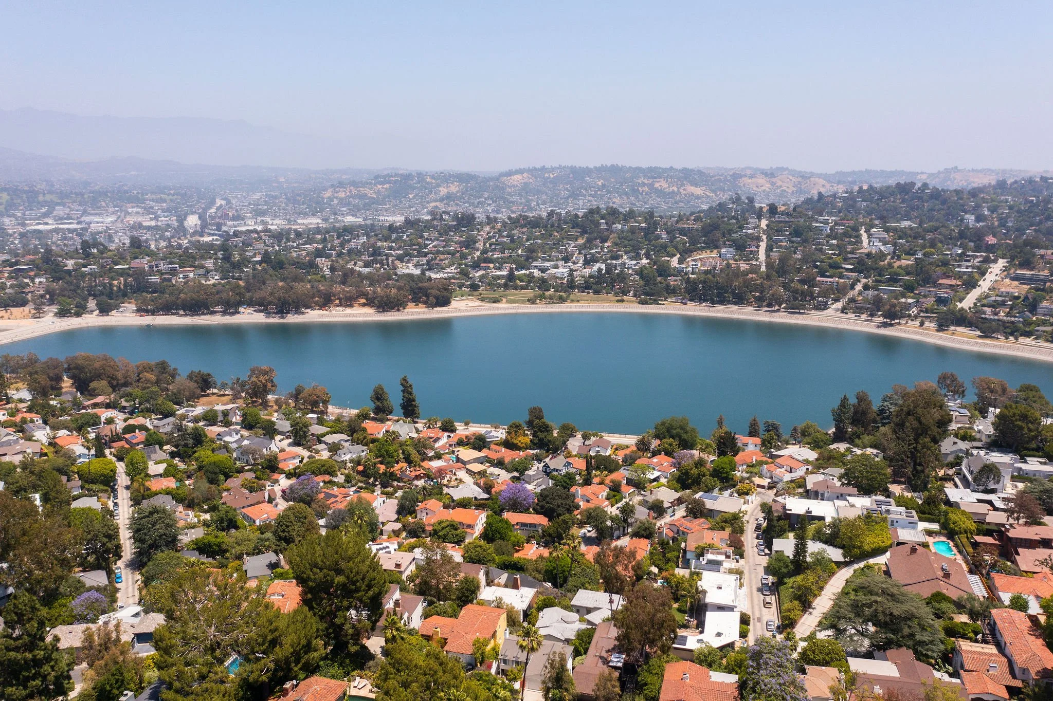Aerial view of the Silver Lake Reservoir surrounded by the Silver Lake neighborhood in Los Angeles