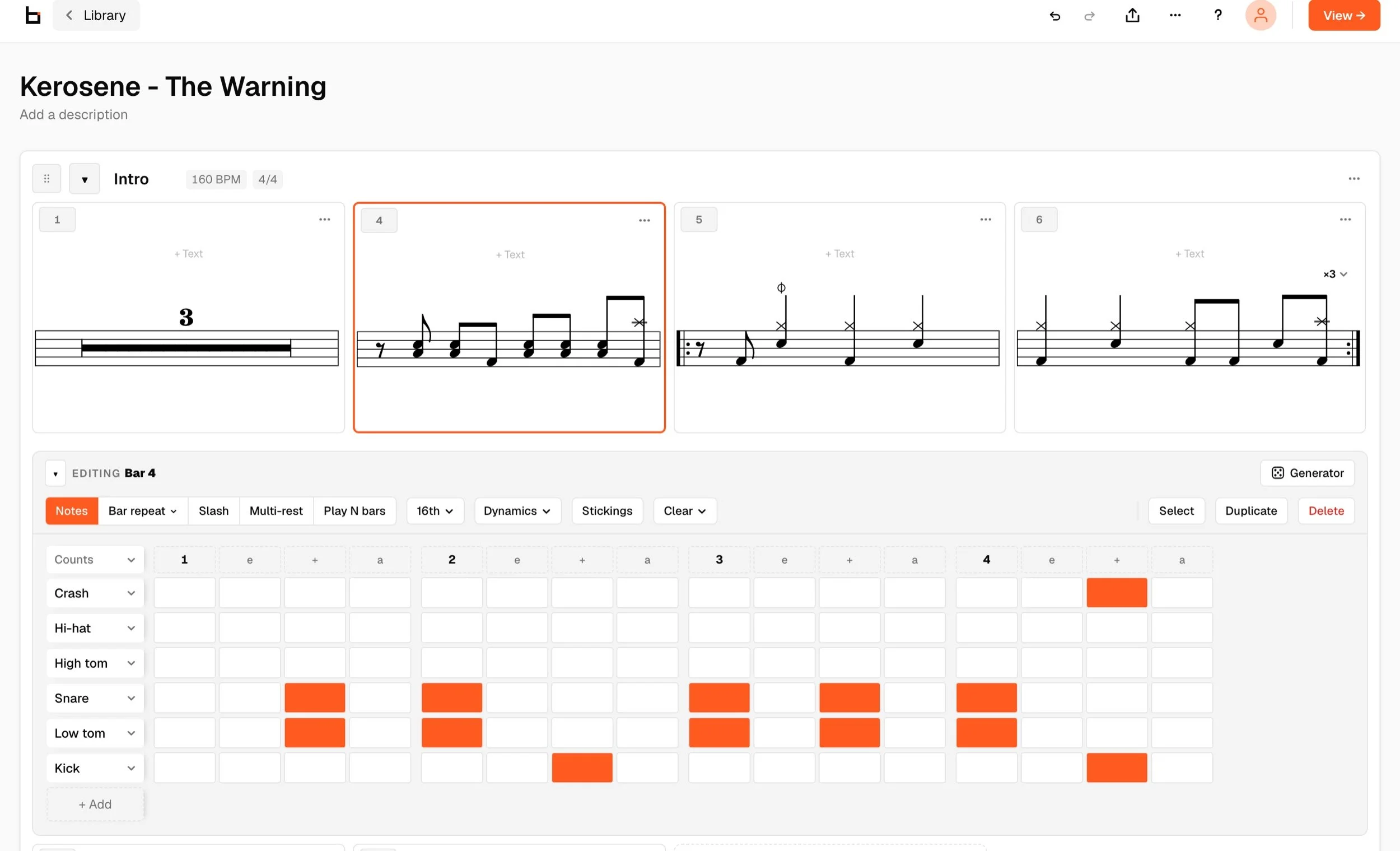 The Beam editor showing a drum transcription, with the step grid open below the notation
