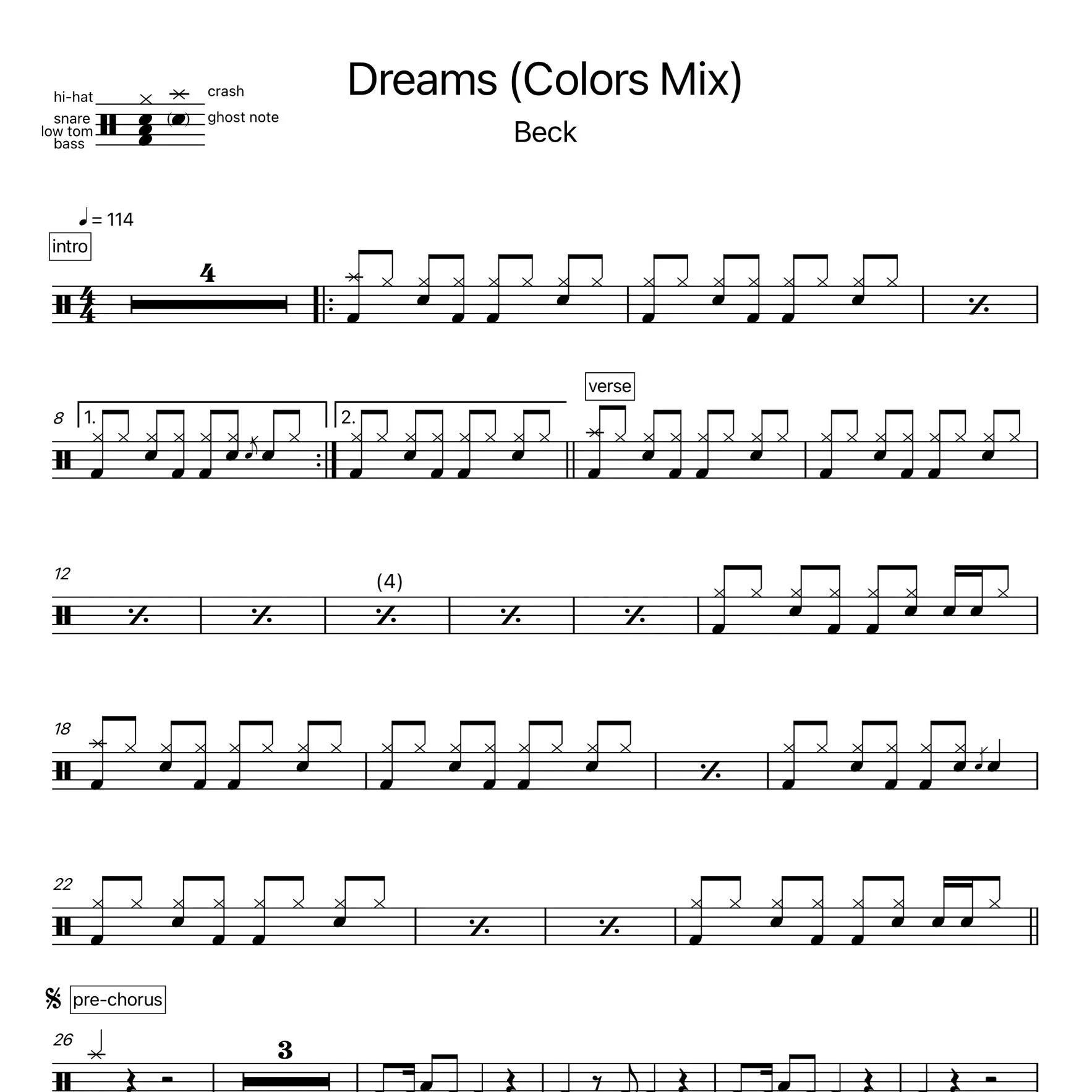 Dreams (Colors Mix) Beck Drum Transcription Notes — Ross Farley