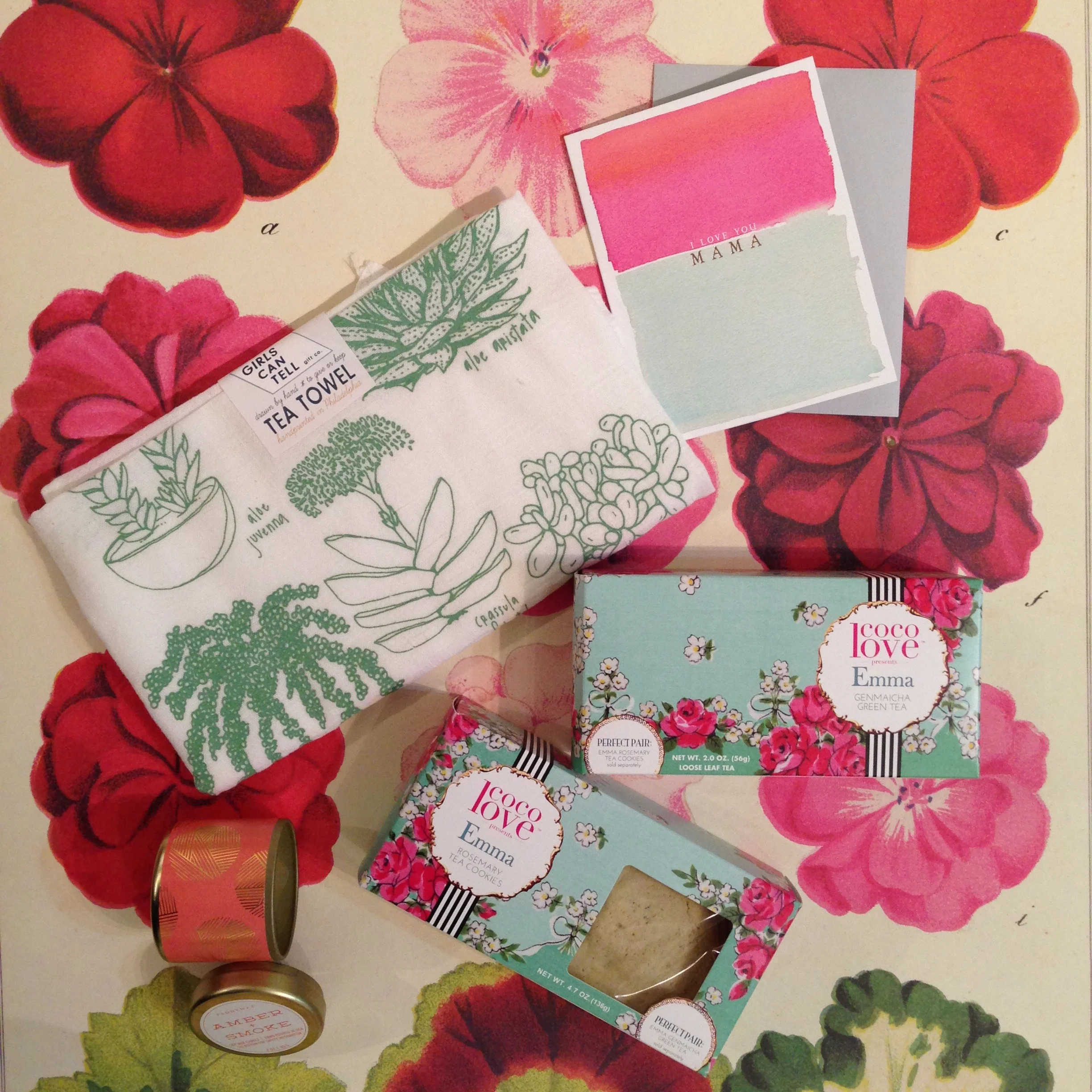 Emma Mother's Day Gift includes: coco love Pairings Emma Genmaicha Green Tea &amp; Rosemary Tea Cookies, efrancespaper.com Card, Paddywax Amber &amp; Smoke Soy Candle, and Girls Can Tell Succulent Tea Towel.