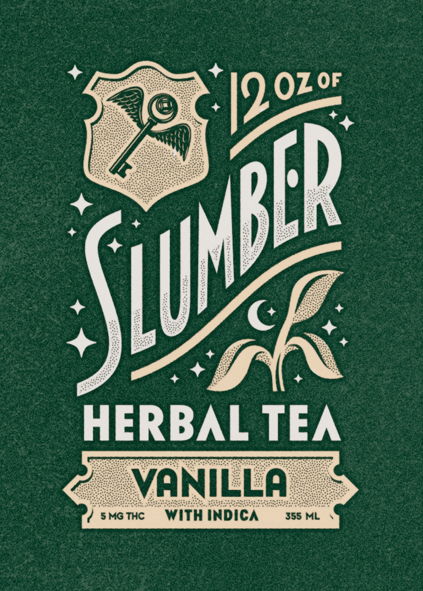 Label of Slumber Herbal Tea with vanilla flavor featuring 5 mg THC, 355 ml serving size, and an indica symbol on a green background with decorative designs.