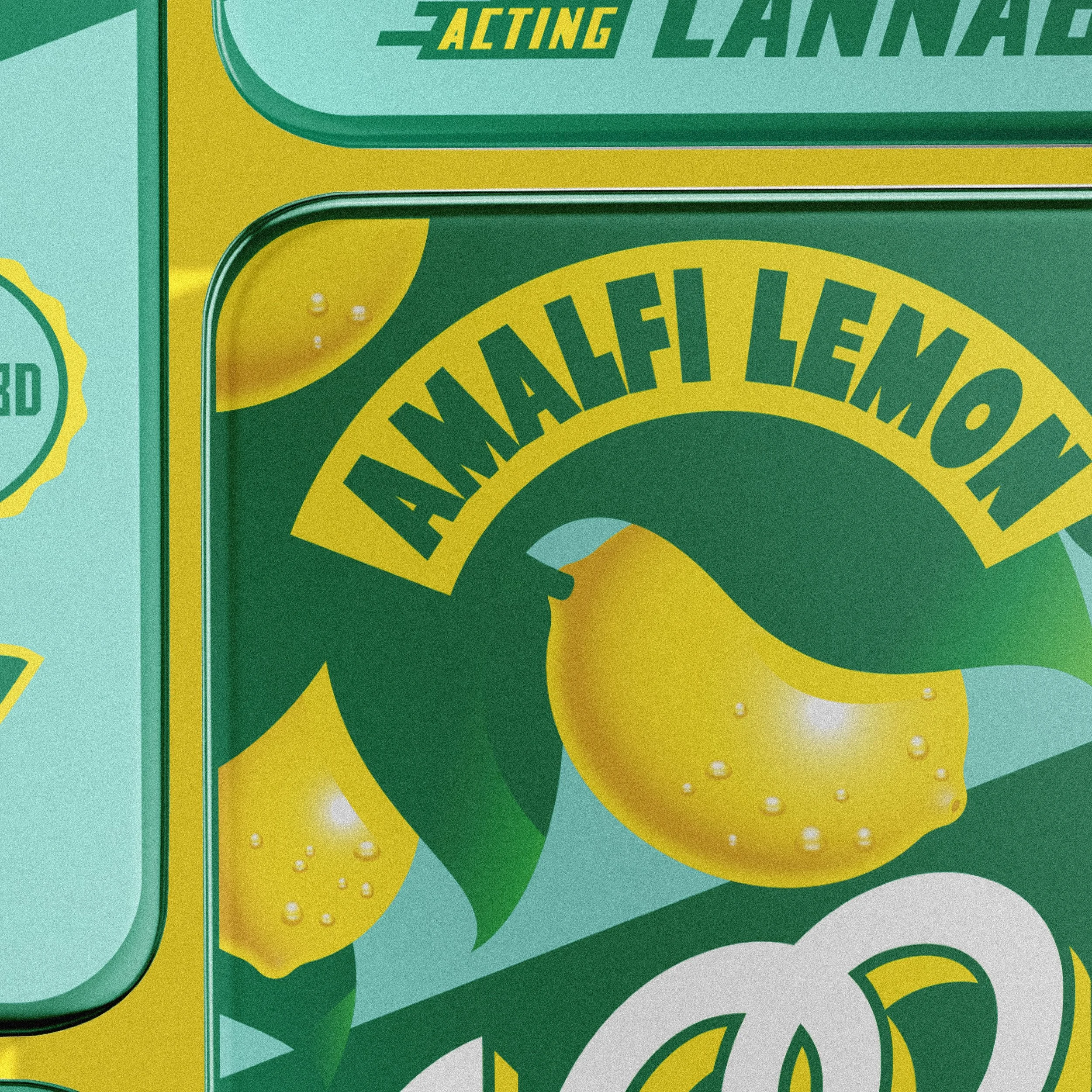 Design featuring illustrations of lemons and text "Amalfi Lemon." Colors include green, yellow, and teal.