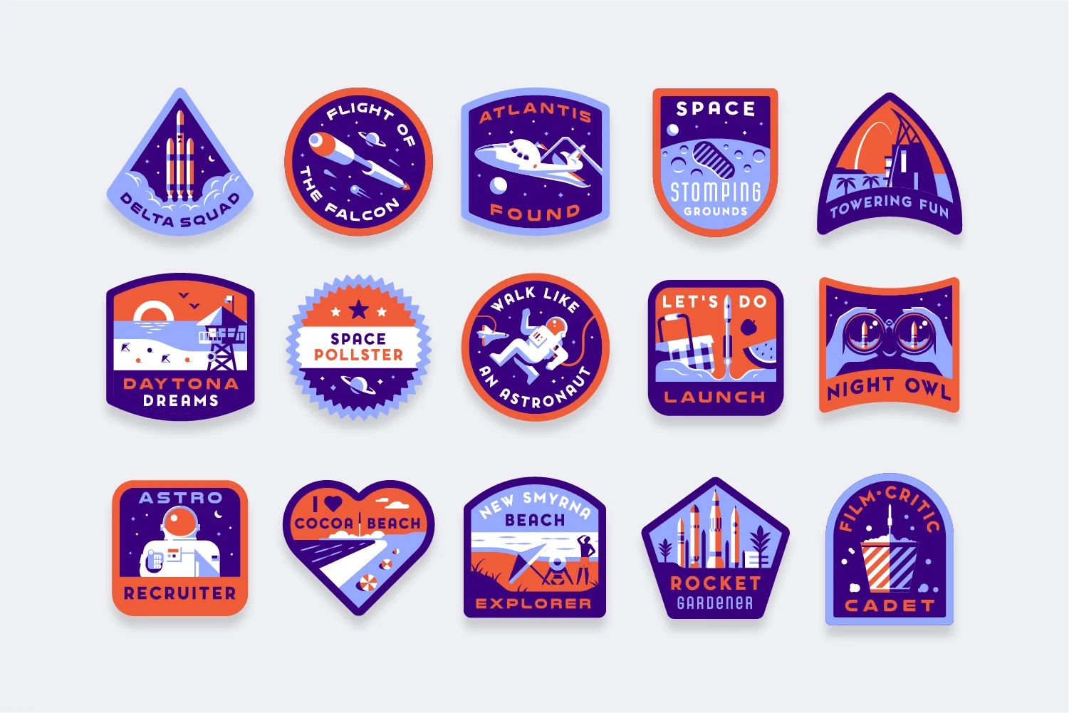 Collection of colorful space-themed badges with designs featuring rockets, astronauts, beaches, and telescopes, alongside text like "Delta Squad," "Flight of the Falcon," and "Cocoa Beach."