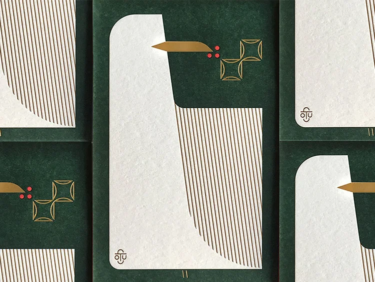 Geometric abstract illustration with bird and gold accents