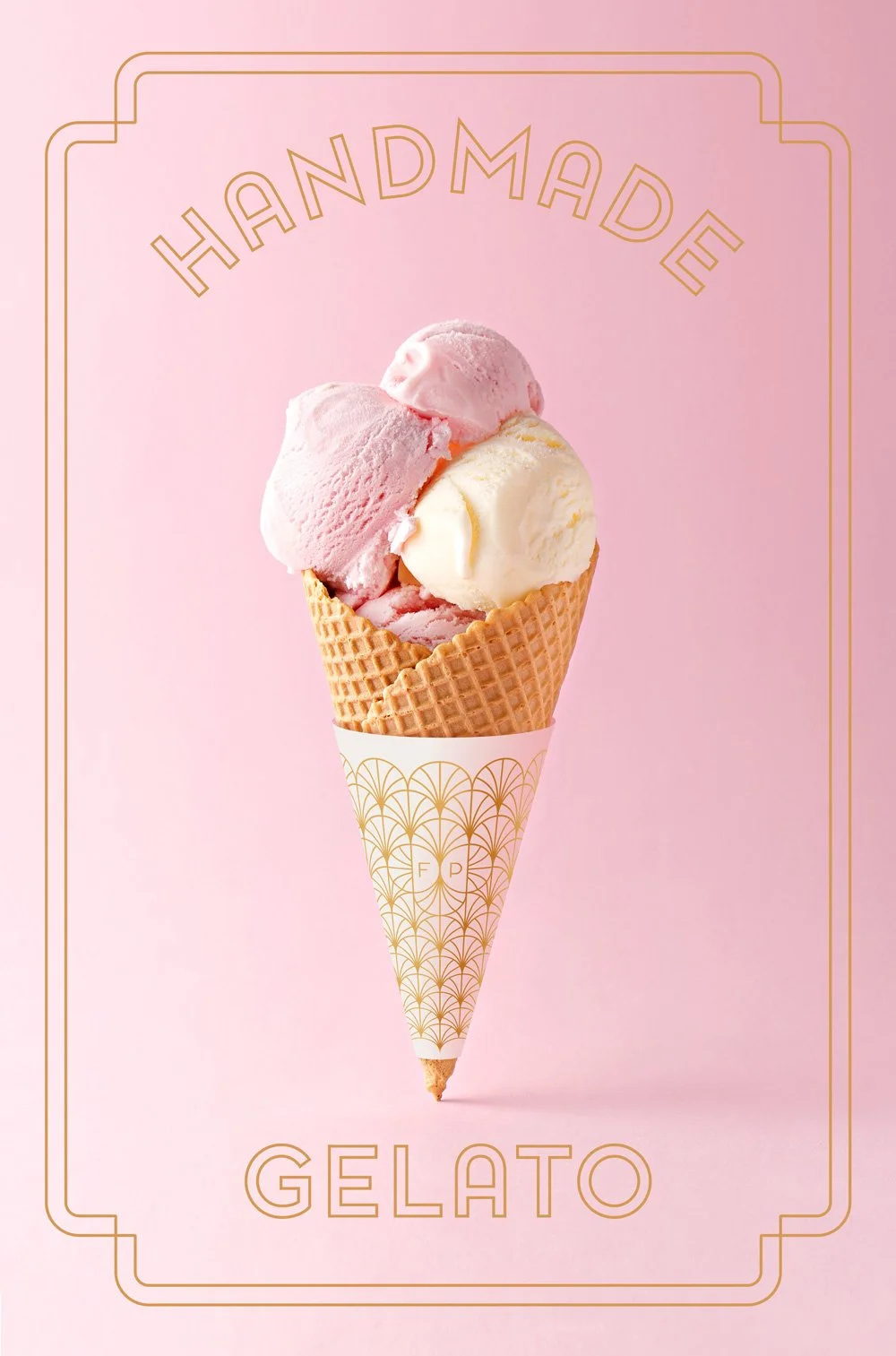 Ice cream cone with three scoops against a pink background labeled 'Handmade Gelato.'