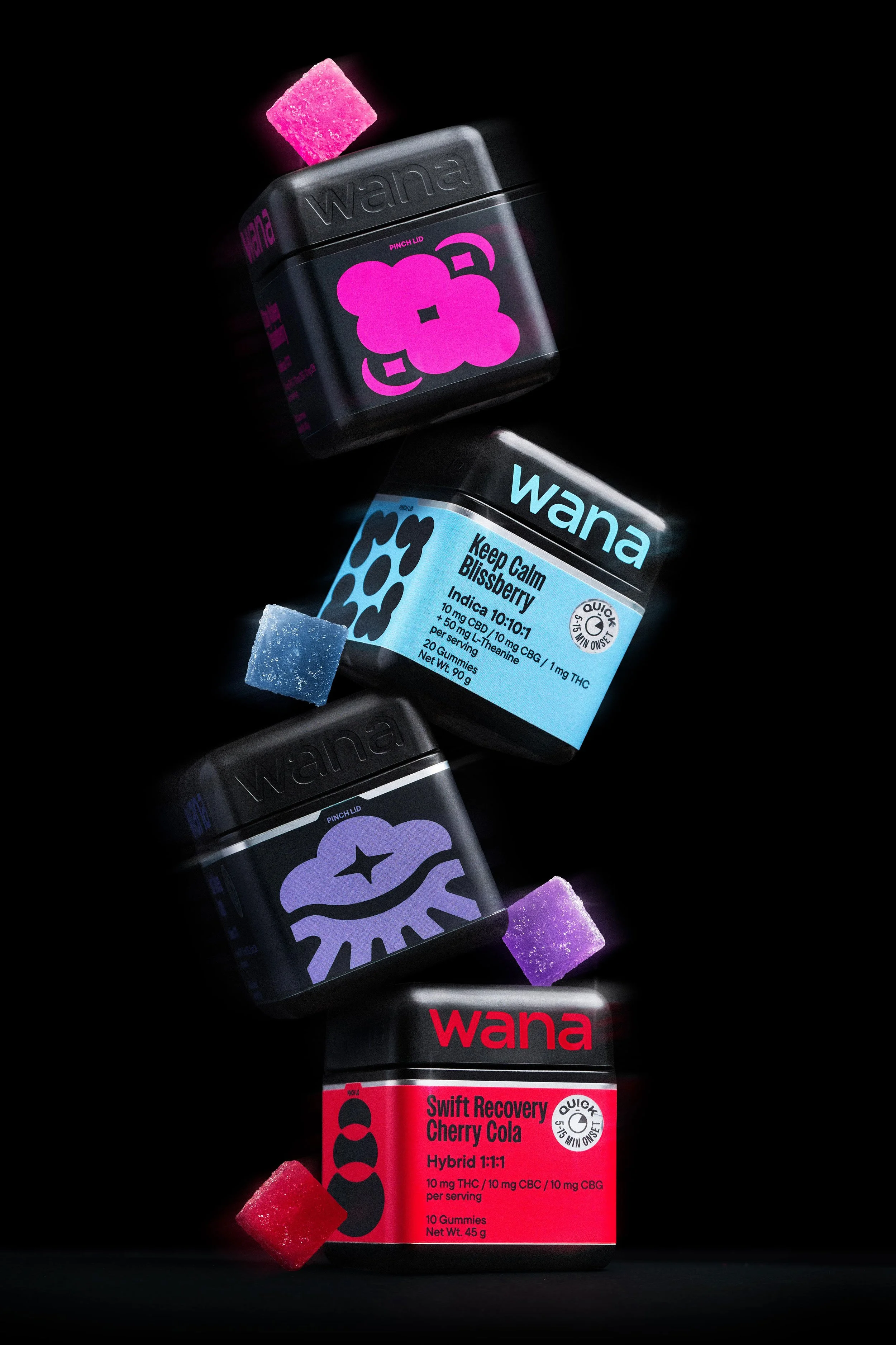 Three containers of Wana brand cannabis products labeled as Keep Calm Blissberry, Cherry Cola, and a third partially visible. Each container has a colorful design with matching colored gummies in front, set against a black background.