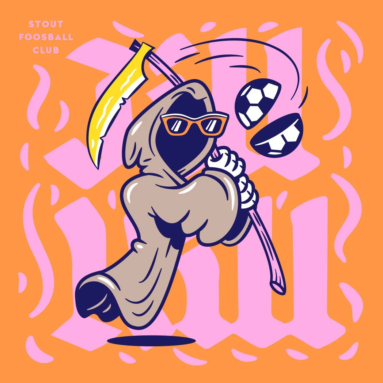 Cartoon Grim Reaper with sunglasses holding a scythe and soccer balls, with text 'Stout Foosball Club' on an orange and pink background.
