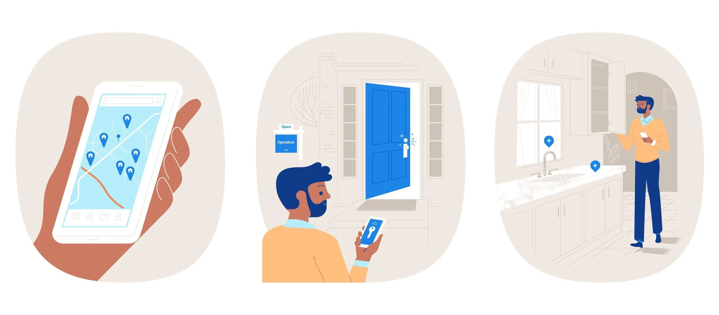 Illustration of a person using a smartphone to locate and enter a house. The sequence shows a hand holding a phone displaying a map with house icons, a man unlocking a blue door using the phone, and inspecting a kitchen.