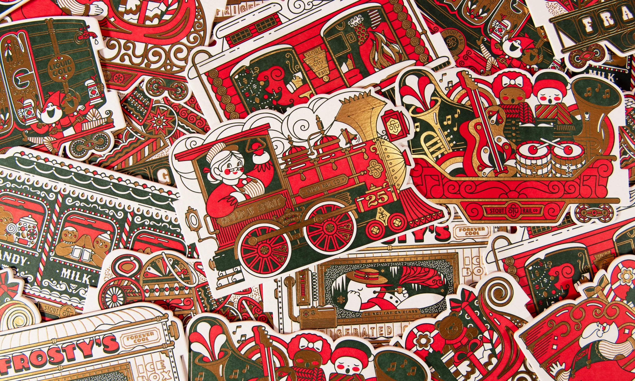 Illustration of vintage holiday-themed train stickers with red, white, and gold coloring. Includes characters and festive elements like musical instruments, candy, and cookies.