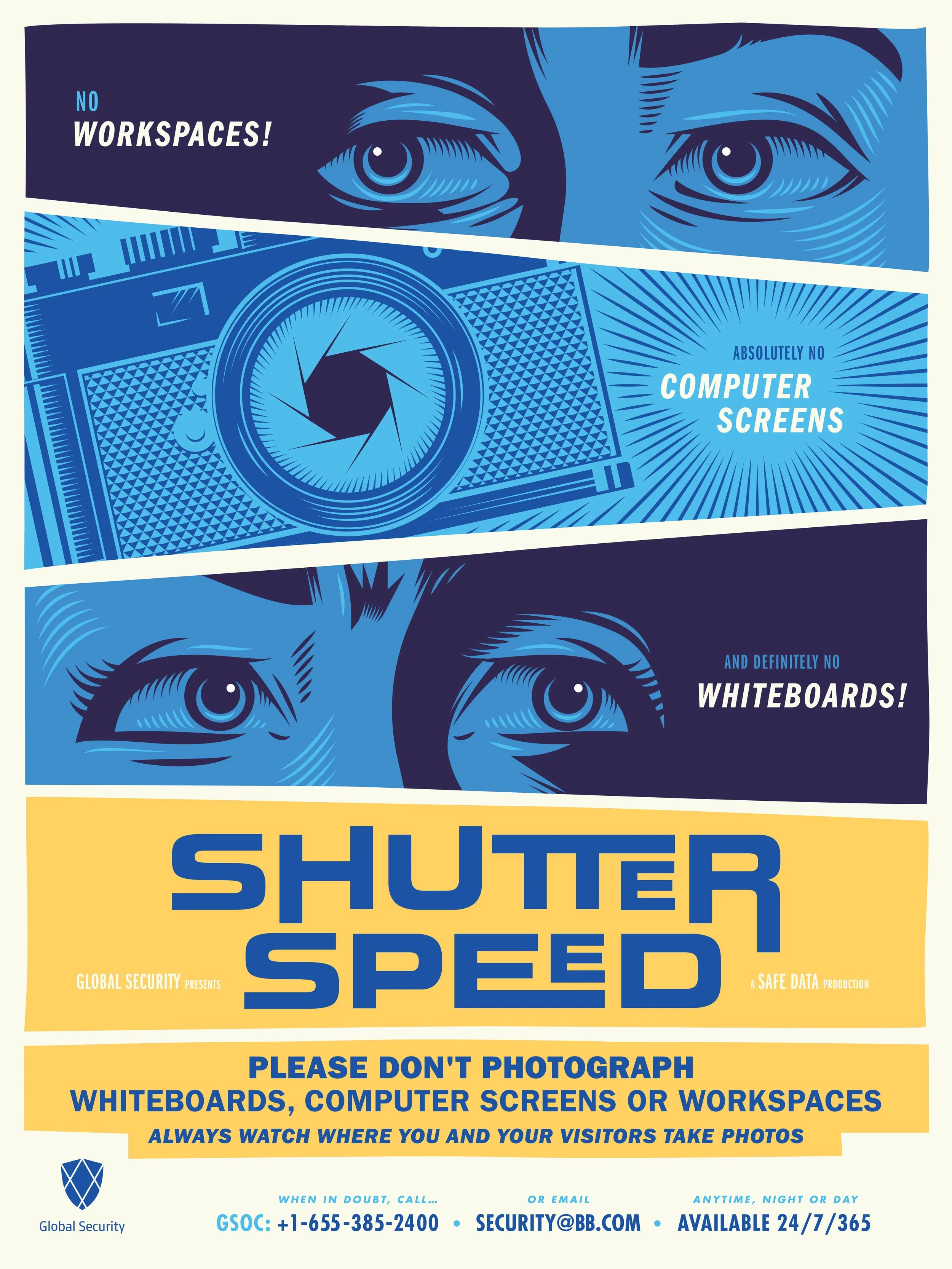 Illustration of three eyes and a camera with text warning against photographing workspaces, computer screens, and whiteboards. Includes contact info for Global Security and the phrase 'Shutter Speed.'