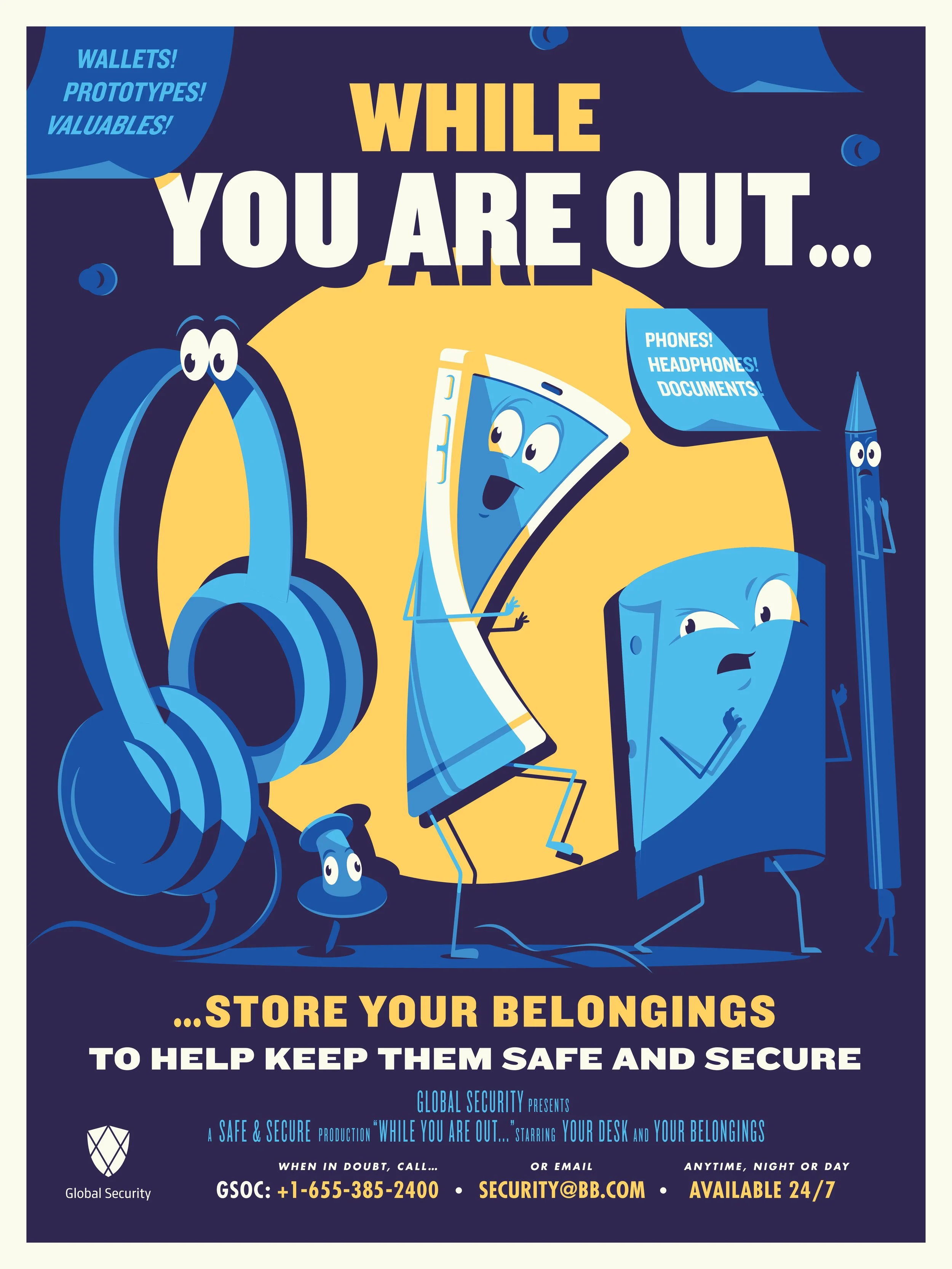 Security poster featuring animated objects like headphones, a smartphone, notebook, and pen, with text urging people to store valuables while away, presented by Global Security with contact information.