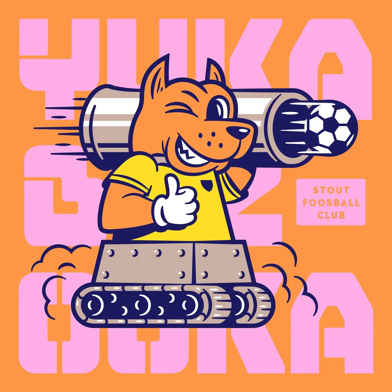 Cartoon dog in a yellow jersey driving tank-like vehicle with soccer ball launcher, text "Stout Foosball Club," orange and pink background.