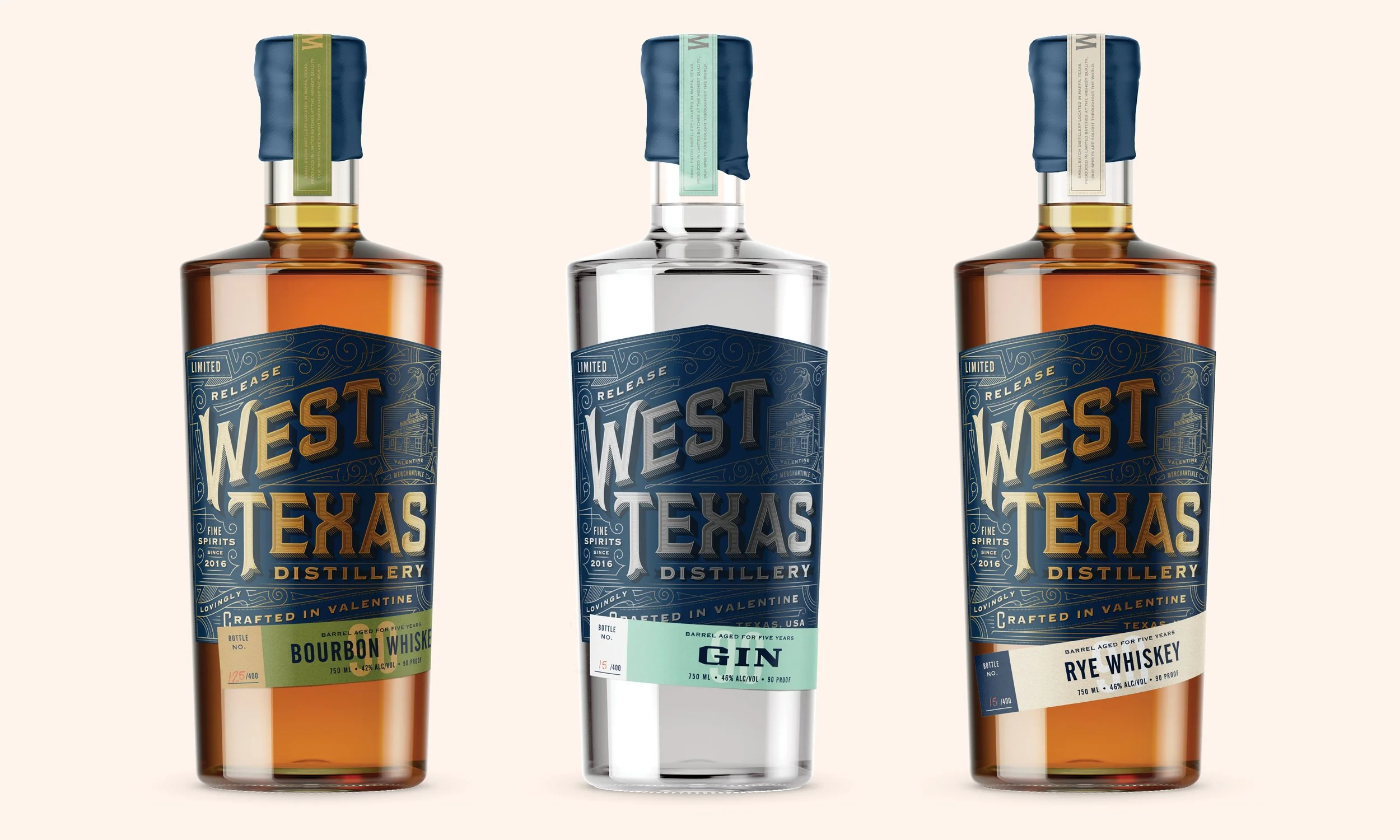 Three bottles from West Texas Distillery featuring bourbon whiskey, gin, and rye whiskey with blue and gold labels.