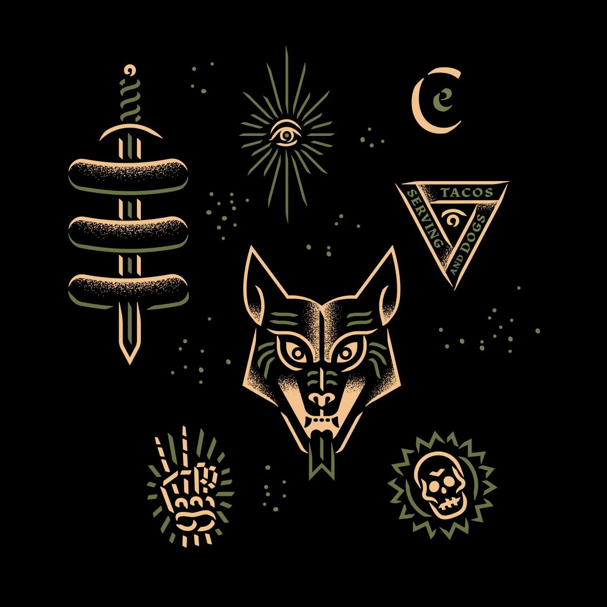 Stylized illustration featuring a sword with sausages, an eye in a sunburst, a crescent moon, a wolf head, a triangle with text 'Serving Tacos and Dogs,' a peace sign, and a skull with rays.