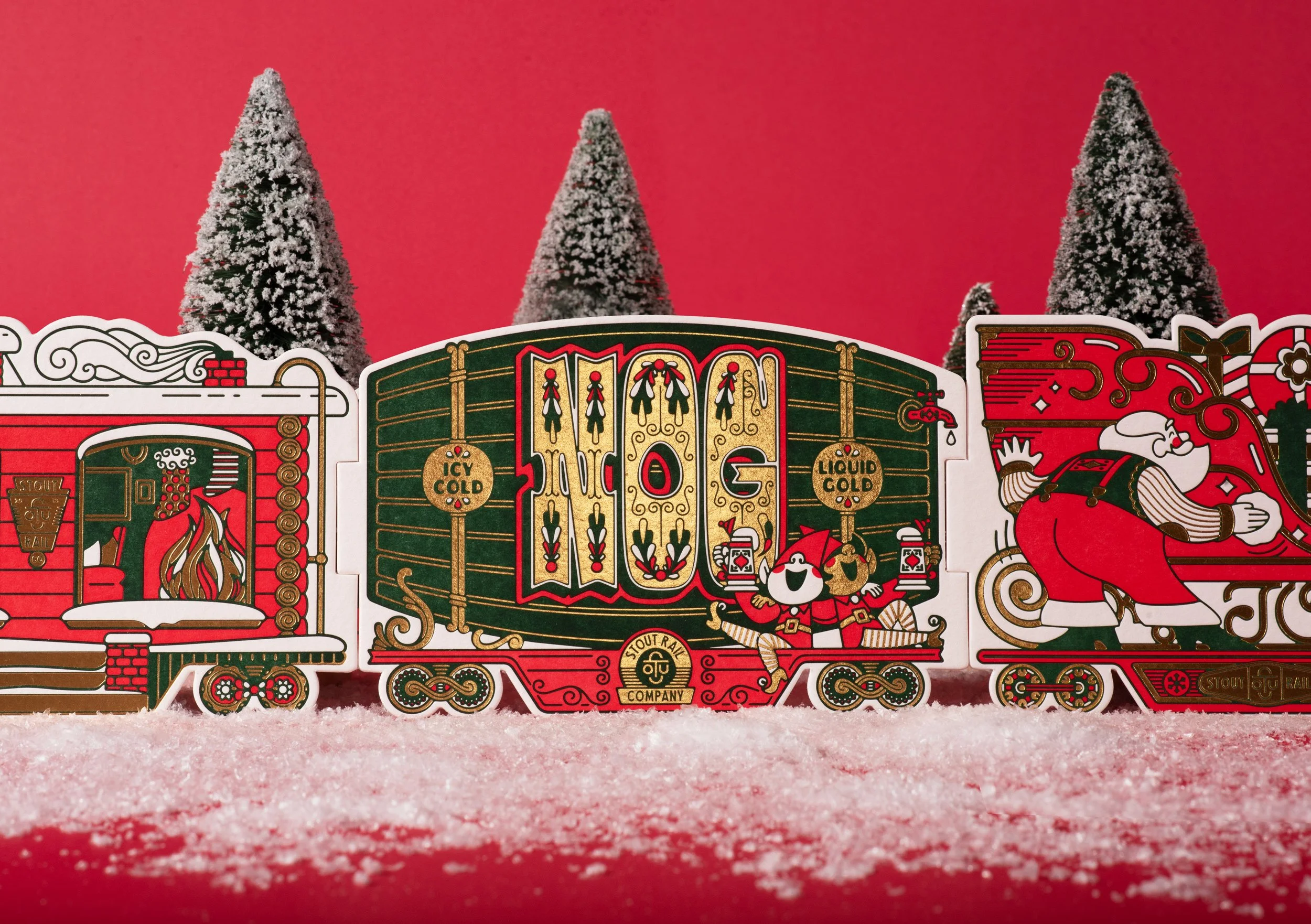 Festive holiday-themed illustration featuring whimsical train cars with winter scenes, cartoon characters, and snow-dusted trees on a red background.