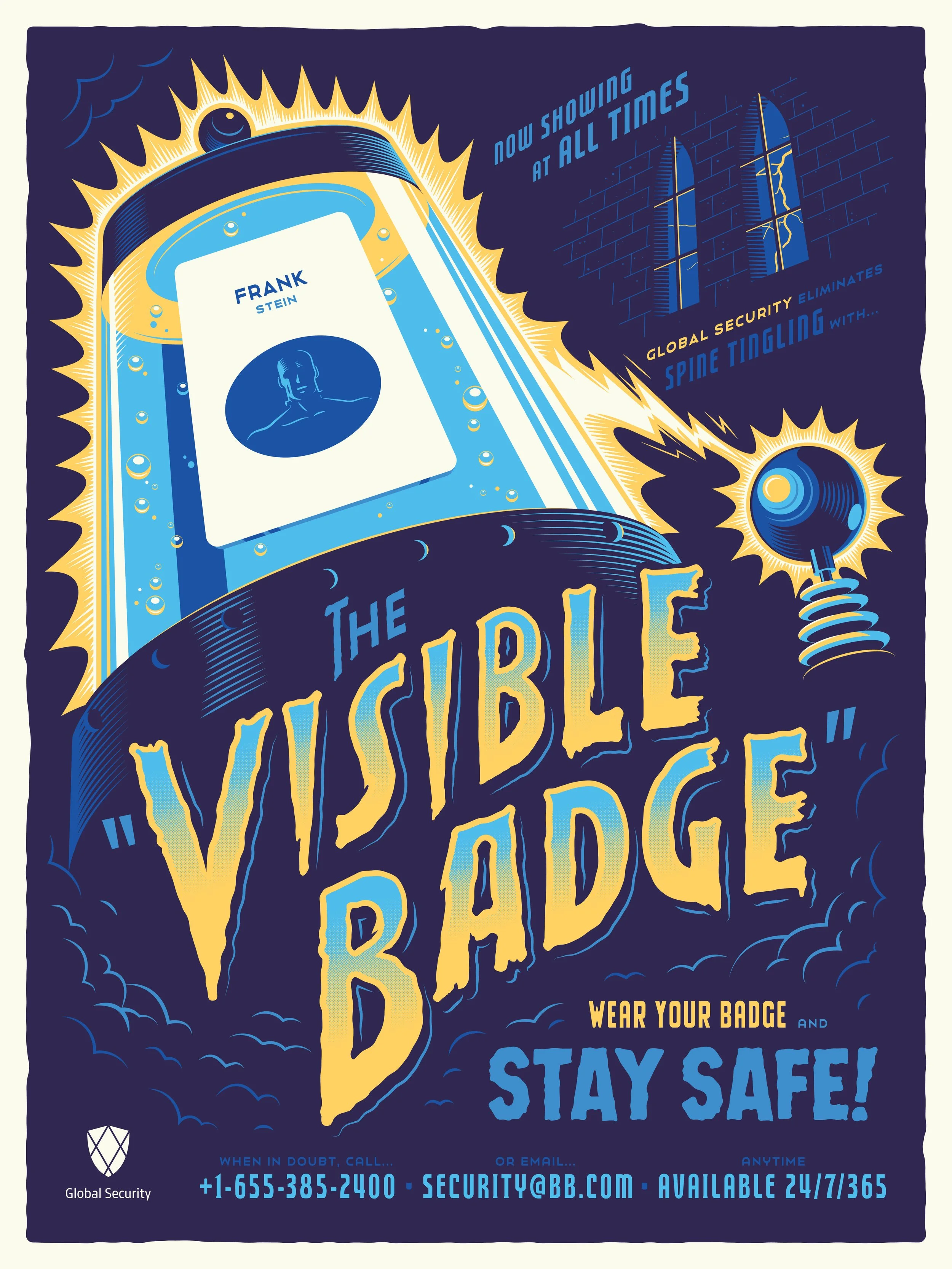 Illustrated poster featuring a security badge under a spotlight with text promoting "The Visible Badge." Includes contact information for Global Security and emphasizes staying safe by wearing the badge. The design is retro with blue and yellow hues.