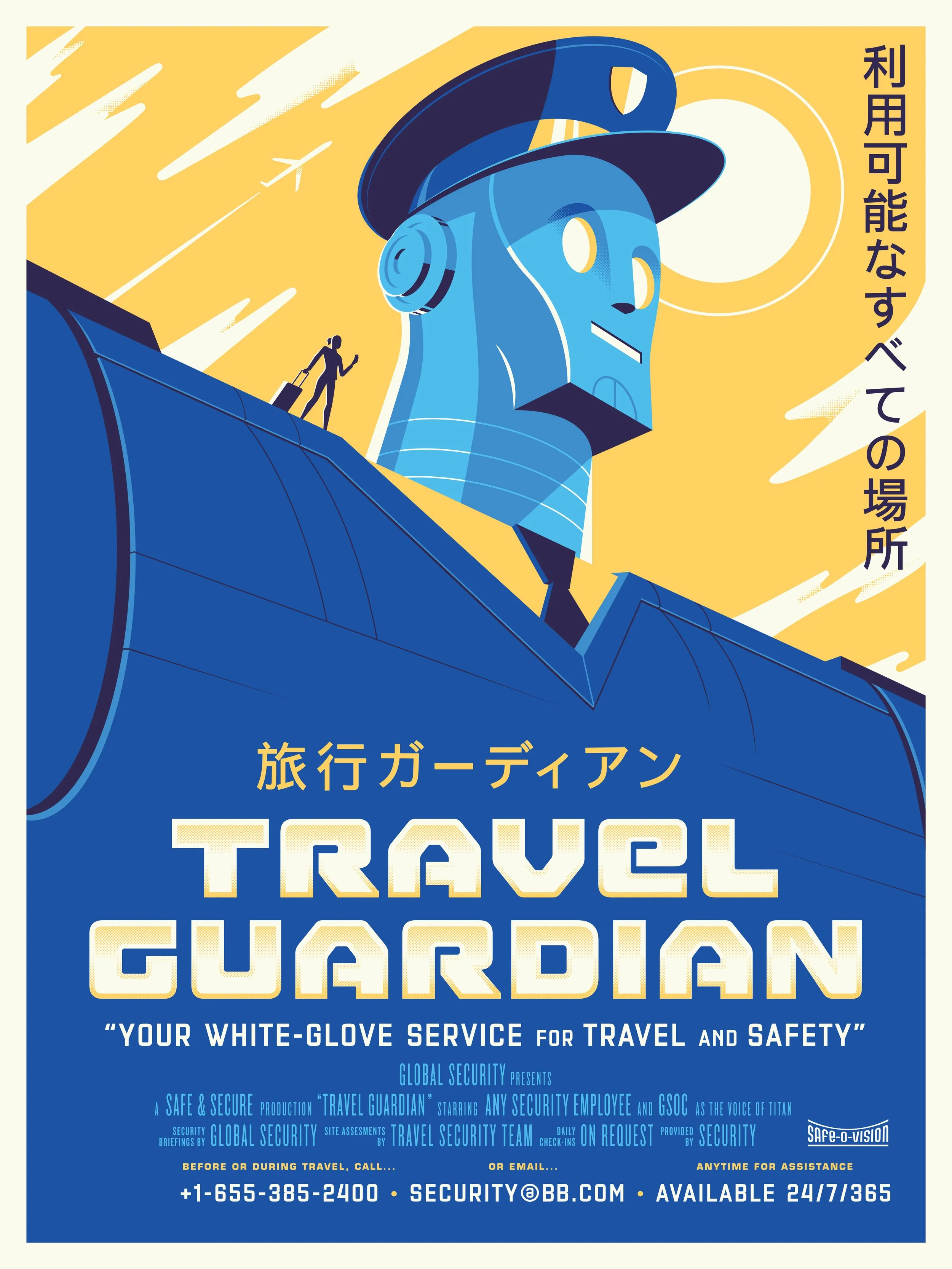 Poster featuring a stylized robot in a security uniform overlooking a small traveler with a suitcase. Includes text "Travel Guardian" and offers travel and safety services described as "Your white-glove service for travel and safety." Contact details