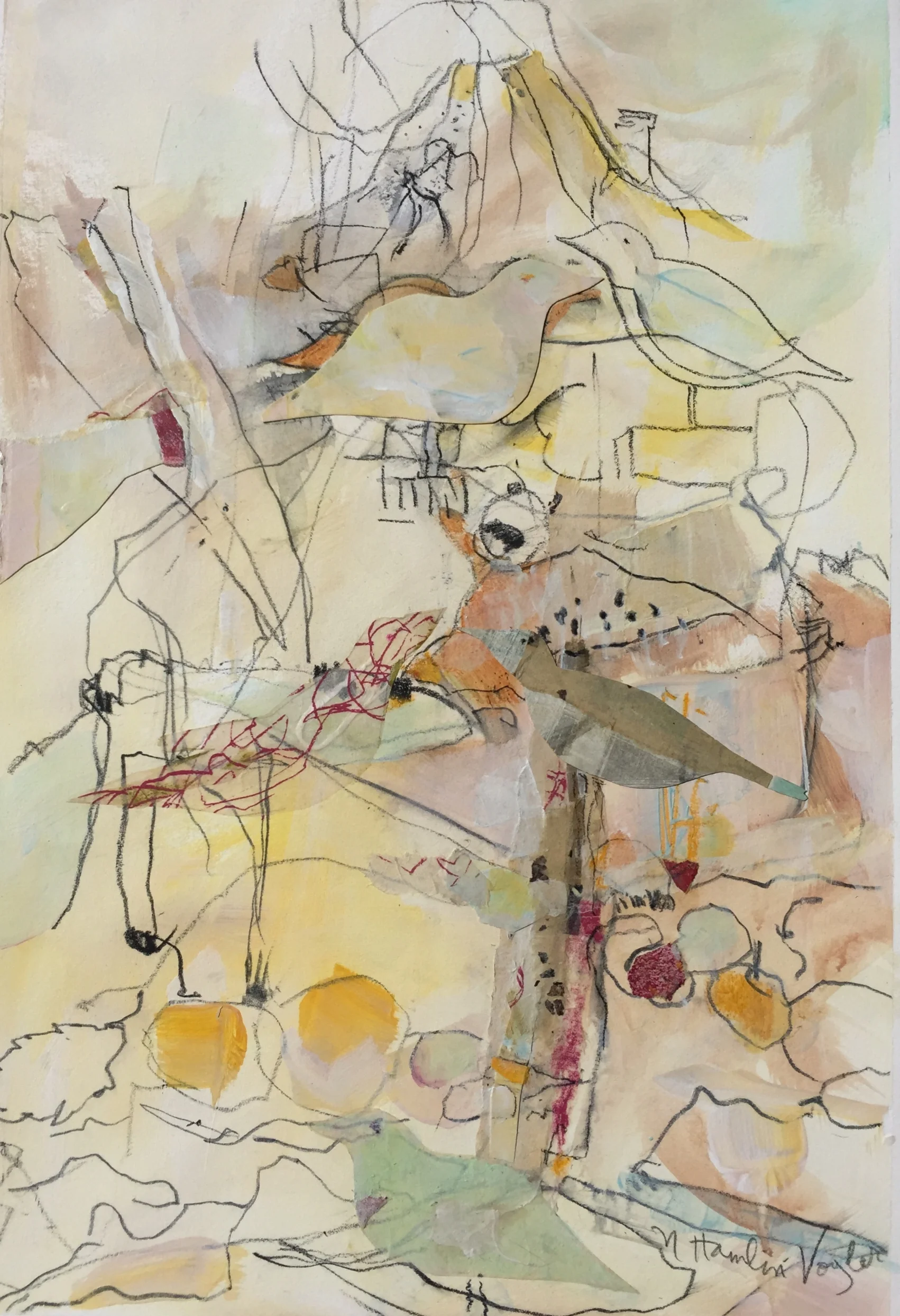 "Strange Birds in a Quandary" (graphite, acrylics, rice paper, pasted paper) 26"x20" framed $525