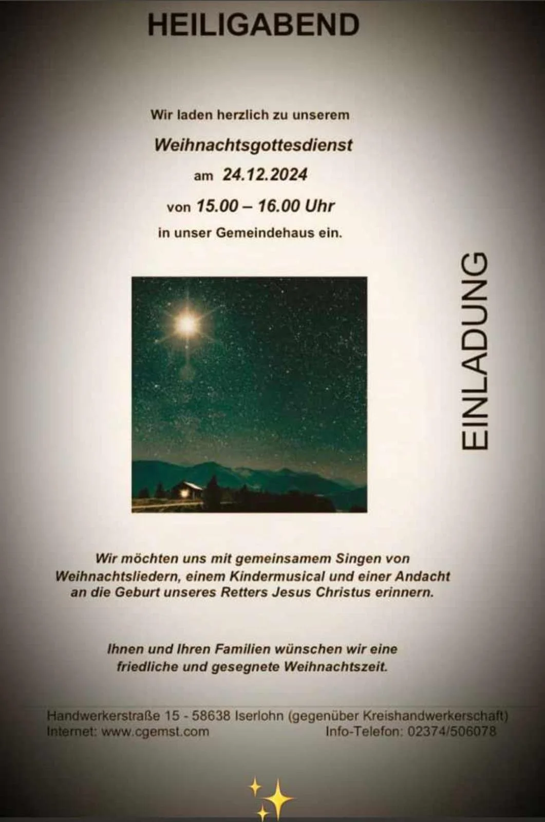 Heiligabendgottesdienst am 24.12.2024 um 15.00 Uhr