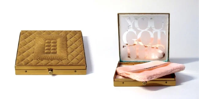 Missy Weimer. Vintage Compact (You Got This), 2014.Engraved mirror, found object. Dimensions variable, approx. 3 x 3 in.Limited edition of 5, plus 1 artist's proof