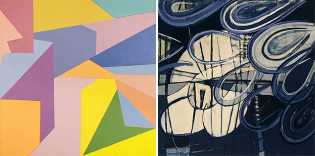 Left: Carl Worth Sanctum, acrylic on canvas, 48 x 48 inches, 2013. Photo: John Friedman. Right: Katie Hawkinson Water Element, Oil on linen, 48 x 48 inches, 2013.