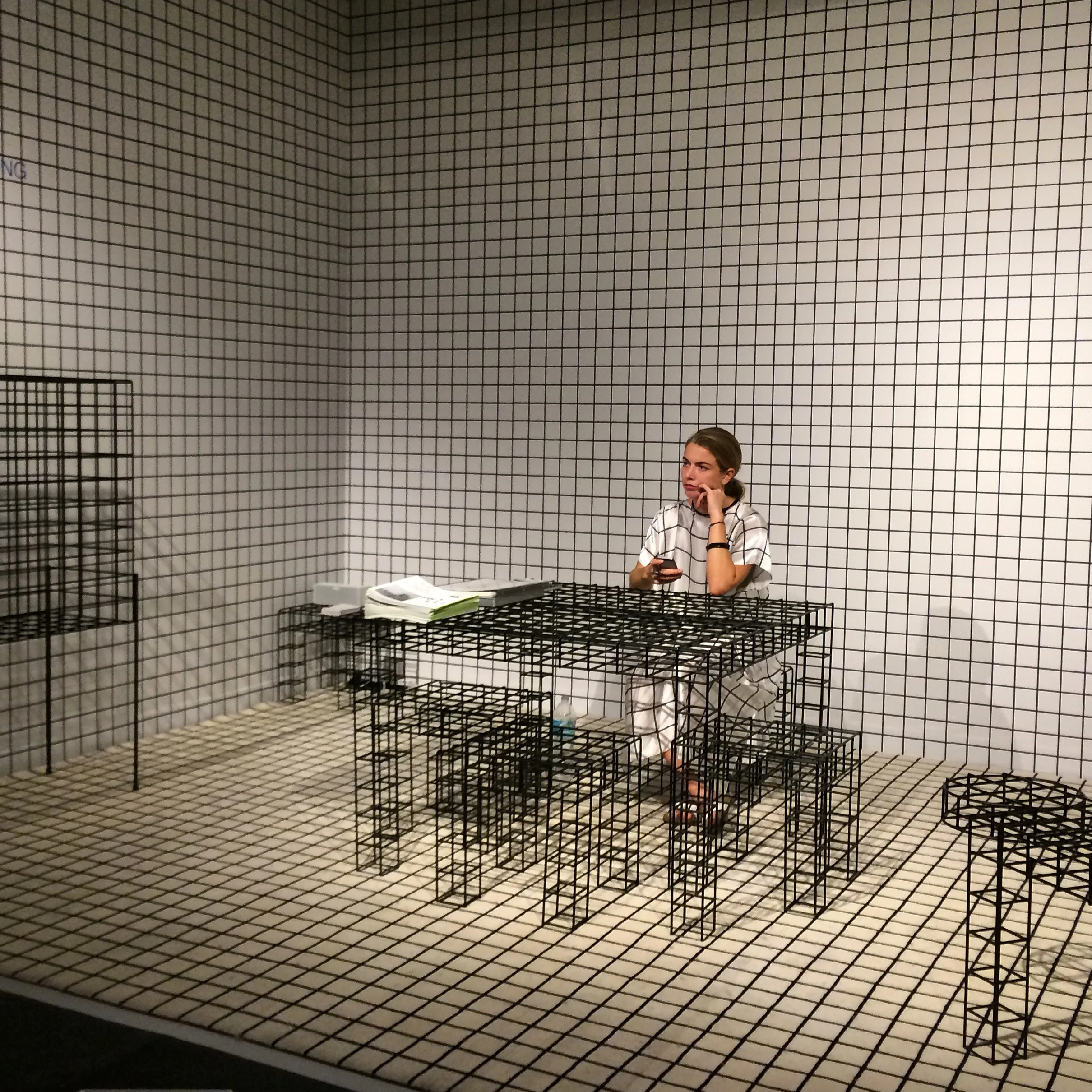 Patrick Parrish's exhibition at Design Miami was a showcase of precise geometric detail, including the young woman seated at the desk. There was no question which exhibitor she worked with when she walked about to stretch her legs!
