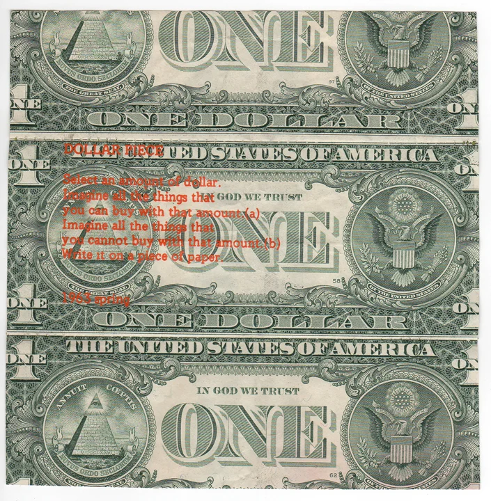 Ray Beldner. O, Yoko, 2002 ( After Yoko Ono's Dollar Piece, 1963 ). Counterfeit Series. Sewn US currency, press type in varying colors. 5 x 5 in. each, edition variés of 35.