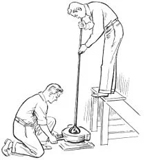 Artisan blowing air through a punty into molten glass to create a glass bubble. Line drawing by Pearson Scott Foresman.