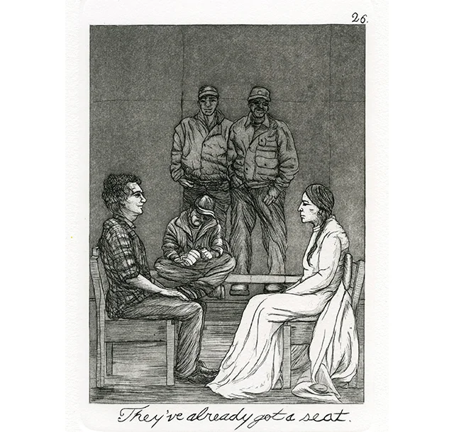 "They've already got a seat" by Emily Lombardo, Plate 26 from The Caprichos, 2013-2016, etching and aquatint. Photo courtesy of Childs Gallery.