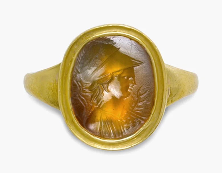 A Roman carnelian ringstone with Minerva. Circa 1st century B.C. ½ in (1.3 cm) long; ring size 8. Estimate: $3,000-5,000. This lot is offered in Ancient Jewelry: Wearable Art, 29 November–8 December 2016, Online