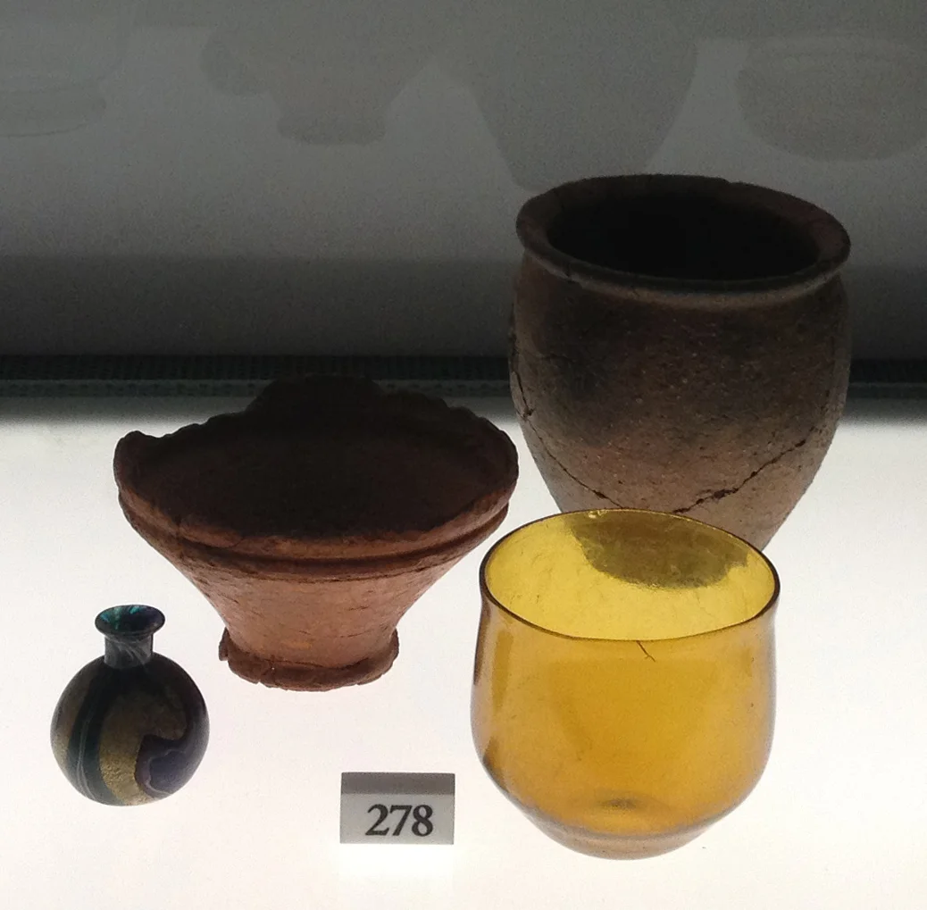 Glass vessels, artifacts from Anatolia, approx. 5 BC. Exhibition on the history of glass at the Roman Forum, Rome, Italy, 2012. Photo by Micaëla van Zwoll.