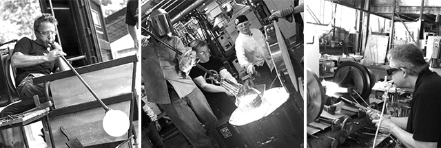 Left : Glass blower; Center : Glass casting, photos courtesy of Corning Museum of Glass ; Right : Jay Musler lamp working glass at his studio in 2012, photo by Micaëla van Zwoll.