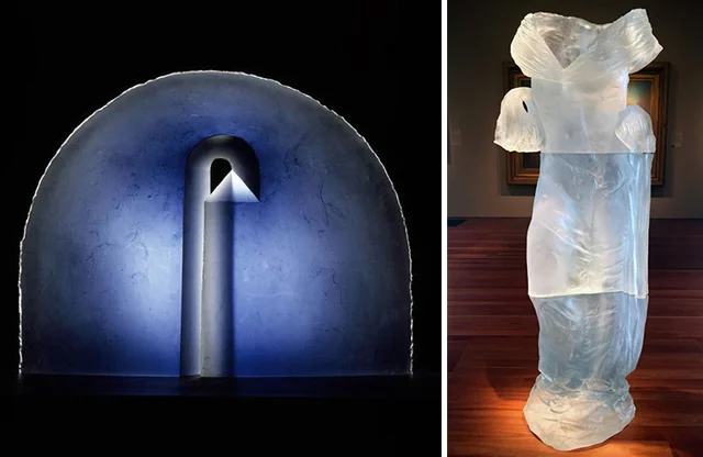 Left : "Arcus 1" (1991) by Stanislav Libenský (Czech Republic, 1921-2002) and Jaroslava Brychtová (Czech Republic, 1963-2002), mould-melted (cast) glass , 75.0 x 98.5 x 11 cm, Ceramics Collection, Victoria and Albert Museum , photo courtesy of the museum; Right : "Dress 3" by Karen LaMonte (American, 1967), 2001, cast glass , collection of Dorothy and George Saxe on loan to the MH de Young Museum , San Francisco. Photo by Micaela van Zwoll.