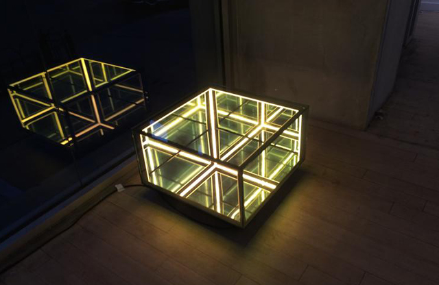 "Membrane Half Cube" by Christophe Katzler (b. 1968), spy mirror sculpture / coffee table infinity perspective, Muriel Guepin Gallery